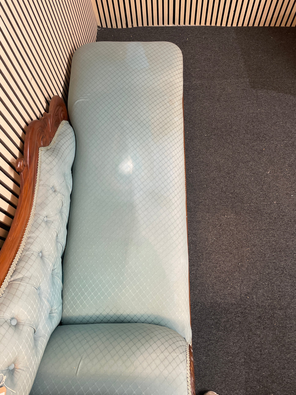 Ornate solid dark wood stained chaise lounge in green pastel fabric, ideal for upholstery 2425