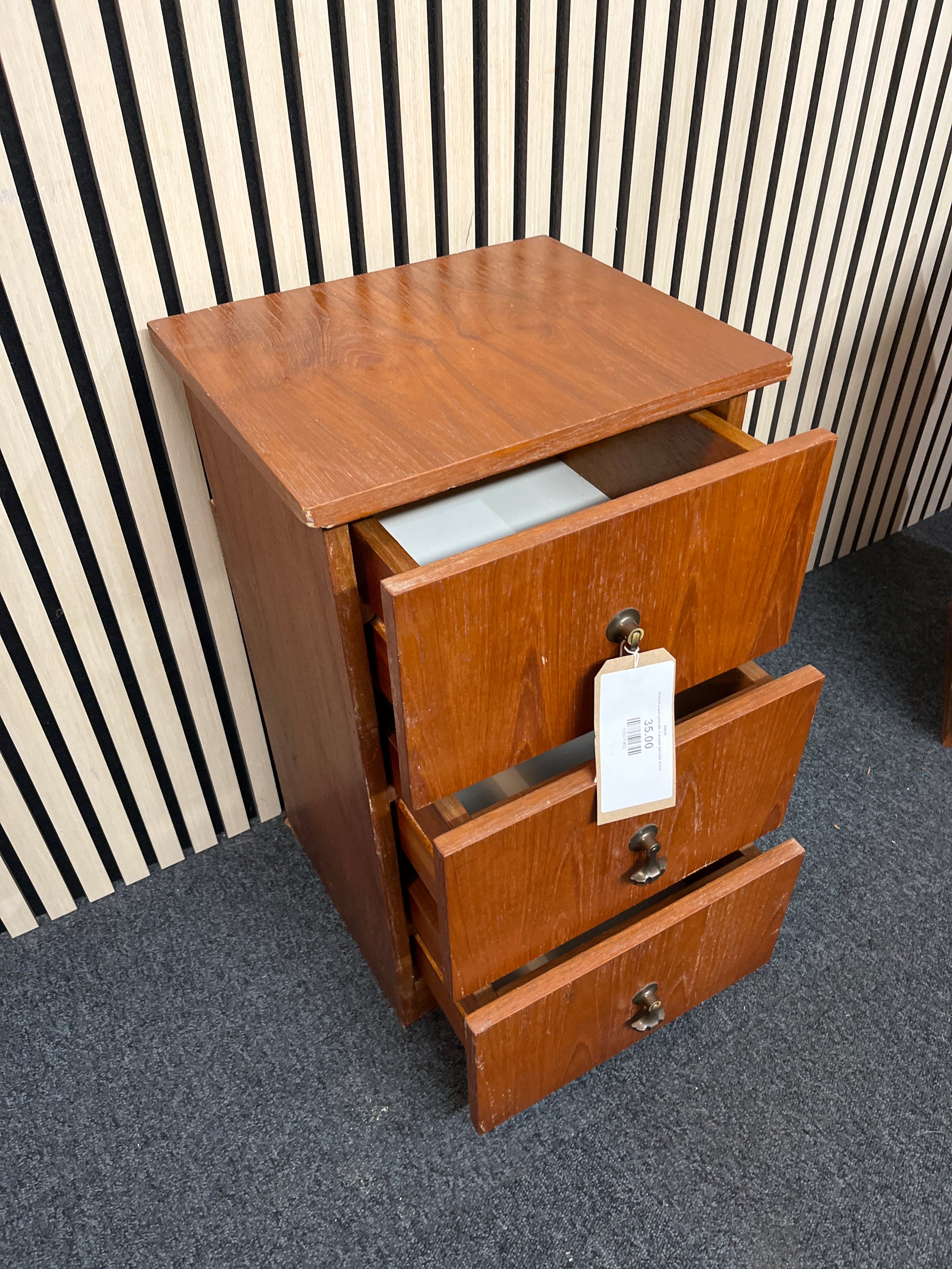 stained wood laminate 3 drawer bedside locker