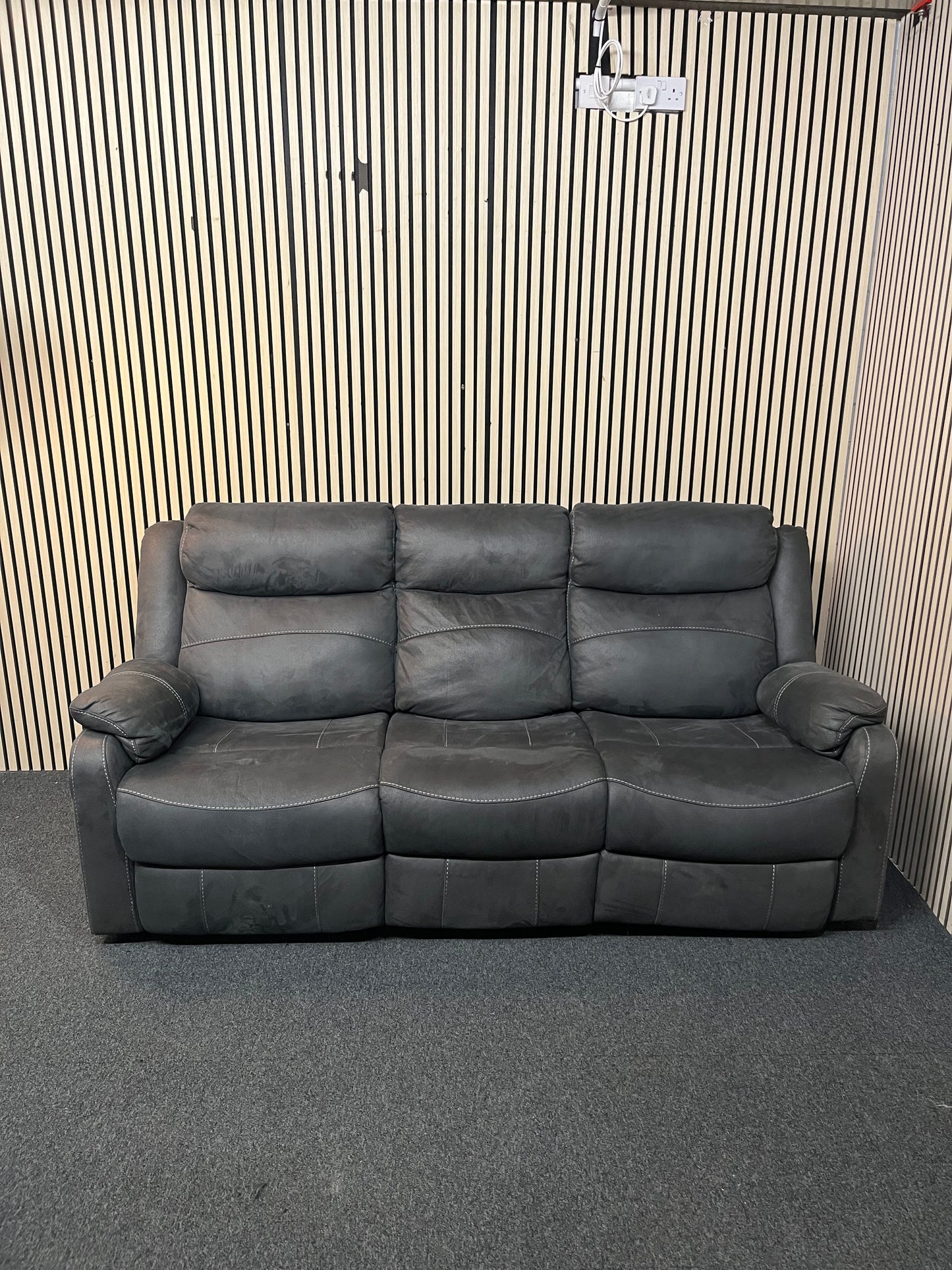 3 seater, dark grey, microfibre recliner sofa. 3126