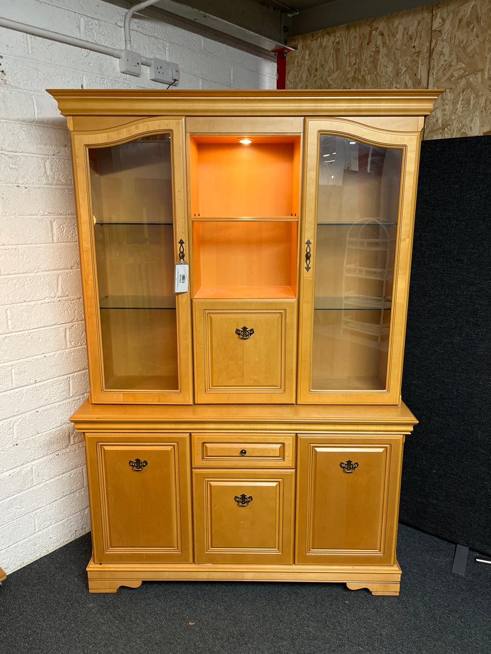 Tall rossmore light stained 2 glass door display unit with base storage 1300Lx430Dx1940H 2225