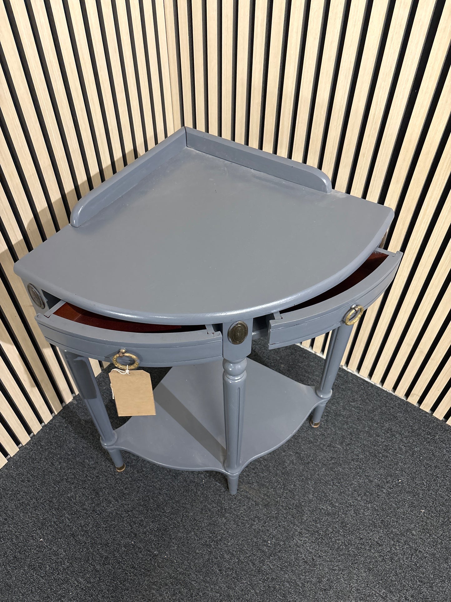 Corner Solid Grey Lamp Table with brass rings