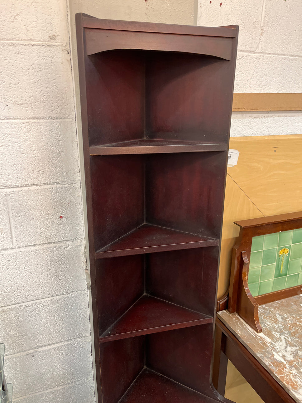 Tall mahogany corner what not with base door%A0 2125