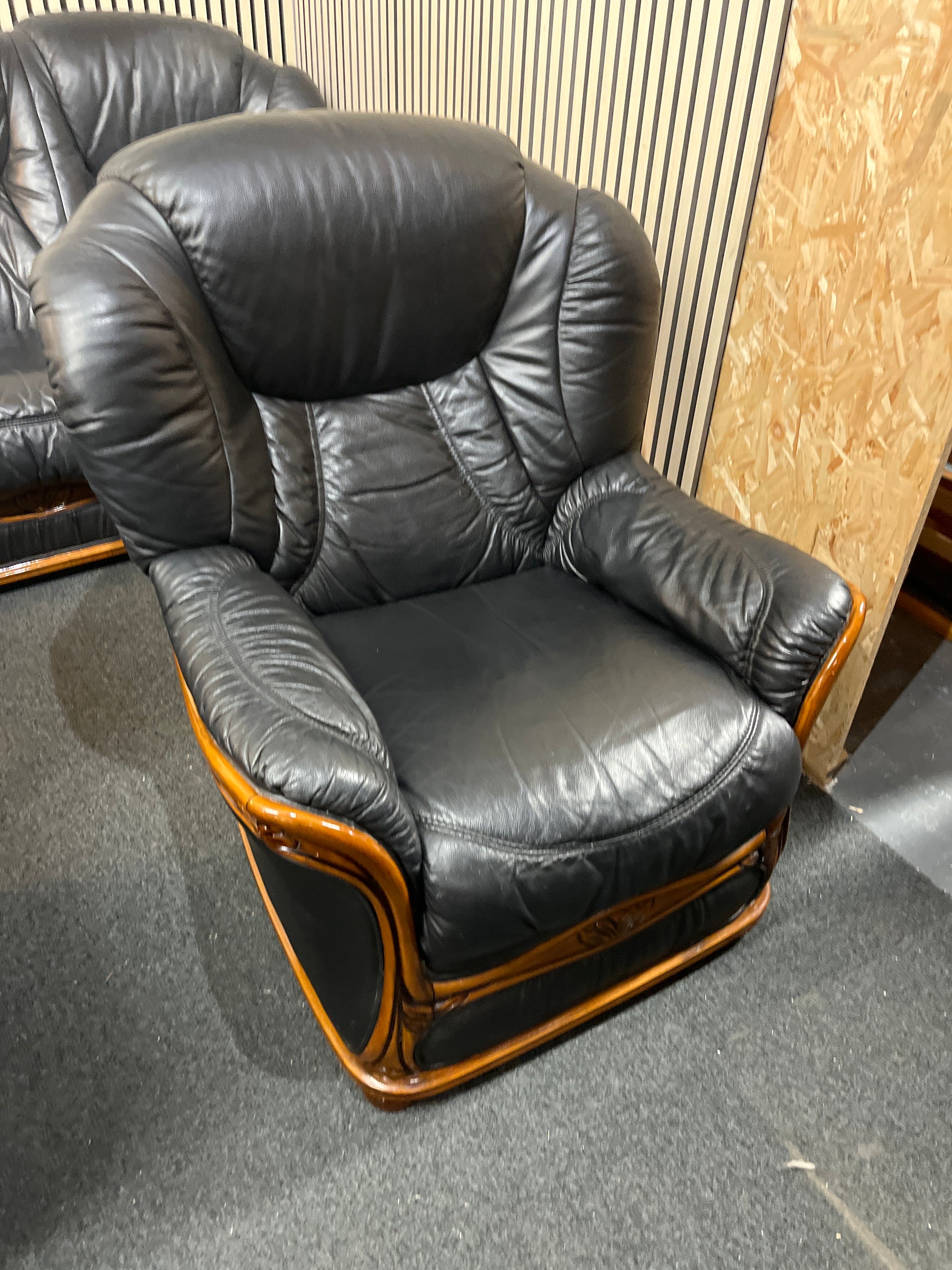 3+1+1 high back black leather suite with wood trim frame  43449