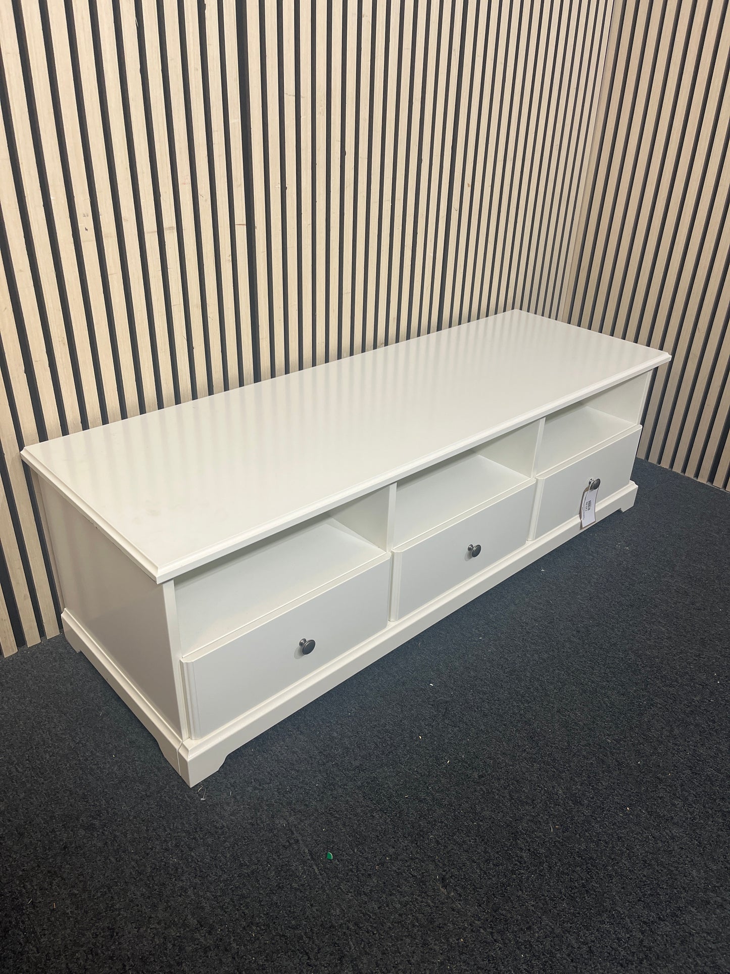 Solid white low tv unit with three drawers and open shelving units (H 46 x W 145 x D 50 cm)  44150
