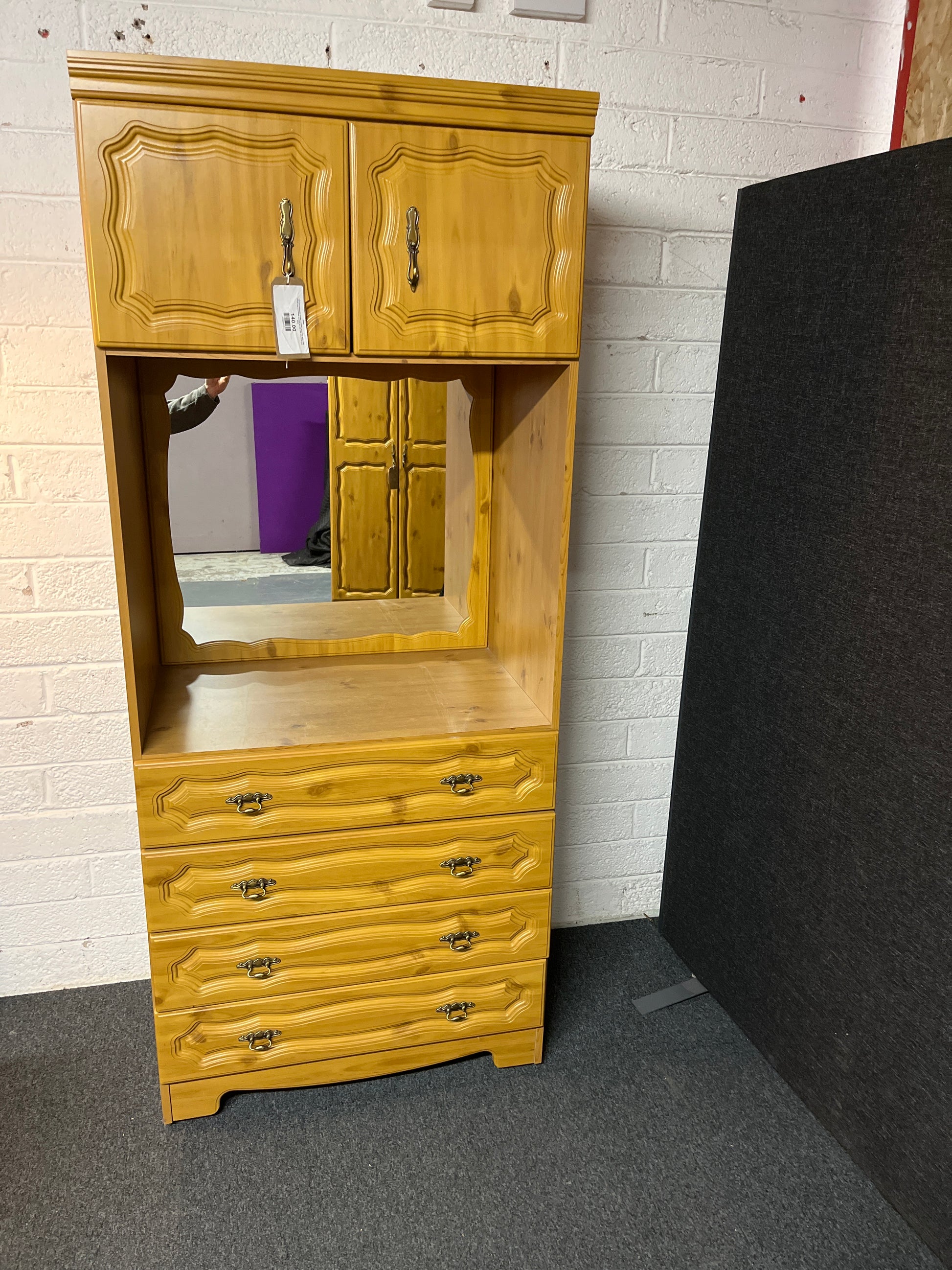 Tall pine laminate ornate 4 drawer dressing table with mirror and overhead storage (H 180 x W 78 x D 54 cm) 2225