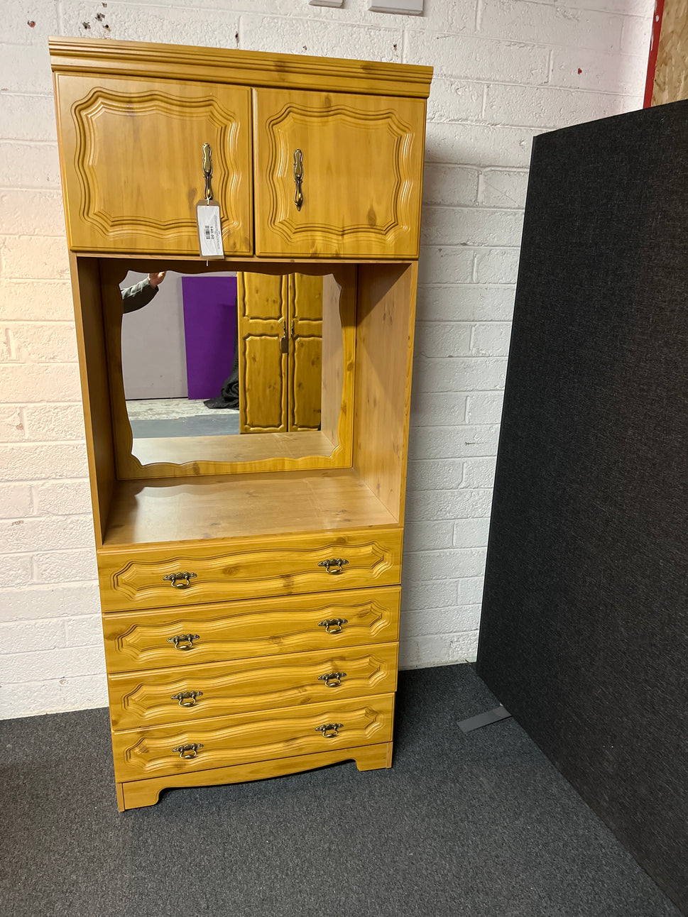 Tall pine laminate ornate 4 drawer dressing table with mirror and overhead storage (H 180 x W 78 x D 54 cm) 2225