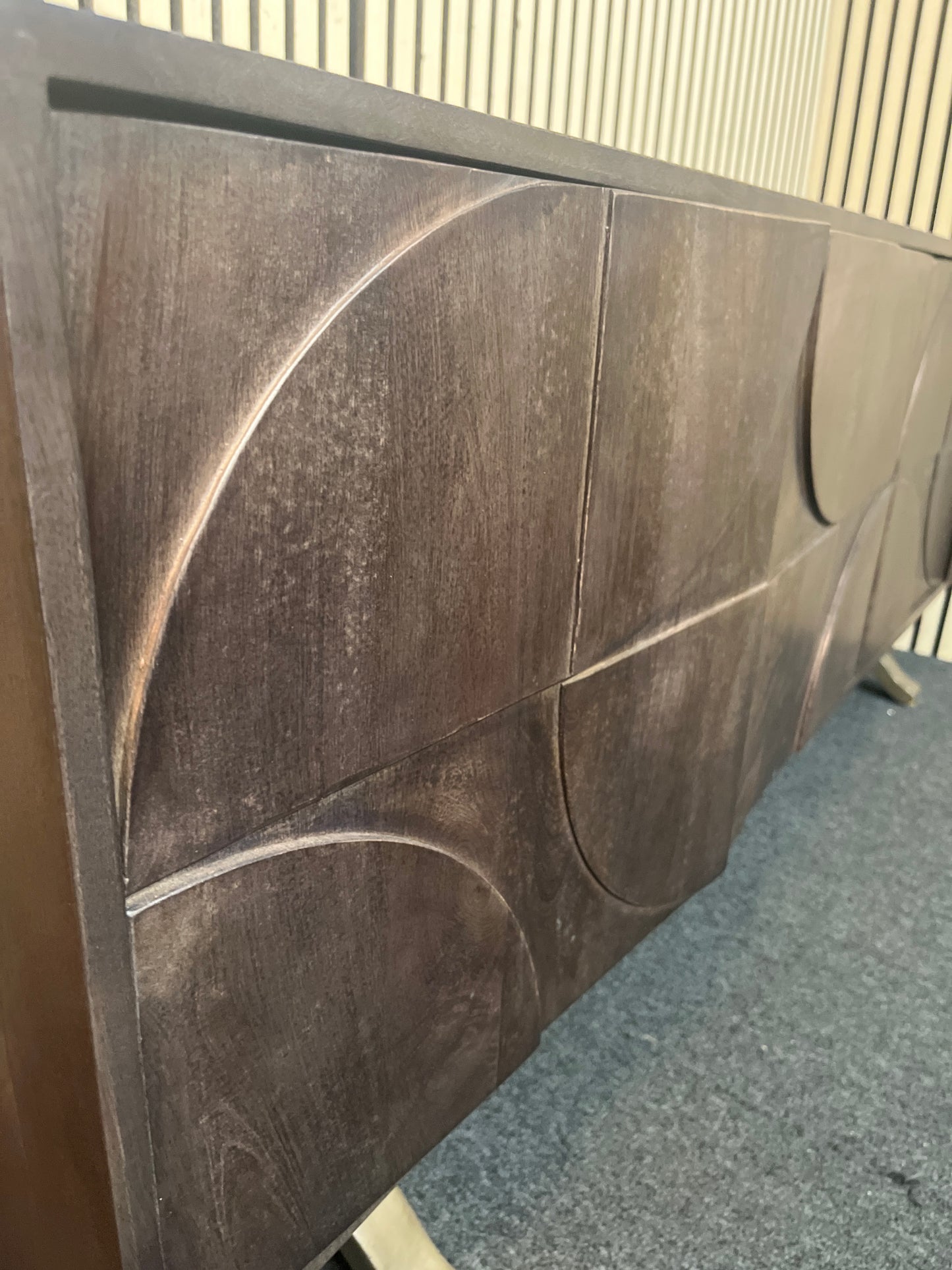 Solid dark teak stained low ornate 4 door sideboard 180Lx40Dx70H 43534