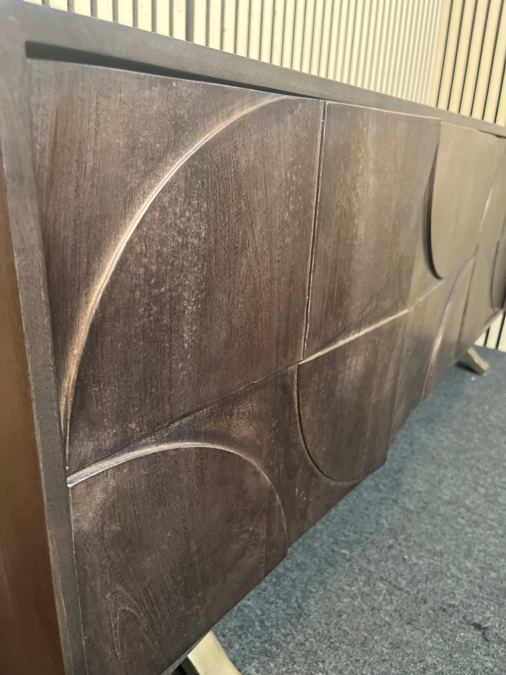Solid dark teak stained low ornate 4 door sideboard 180Lx40Dx70H 43534