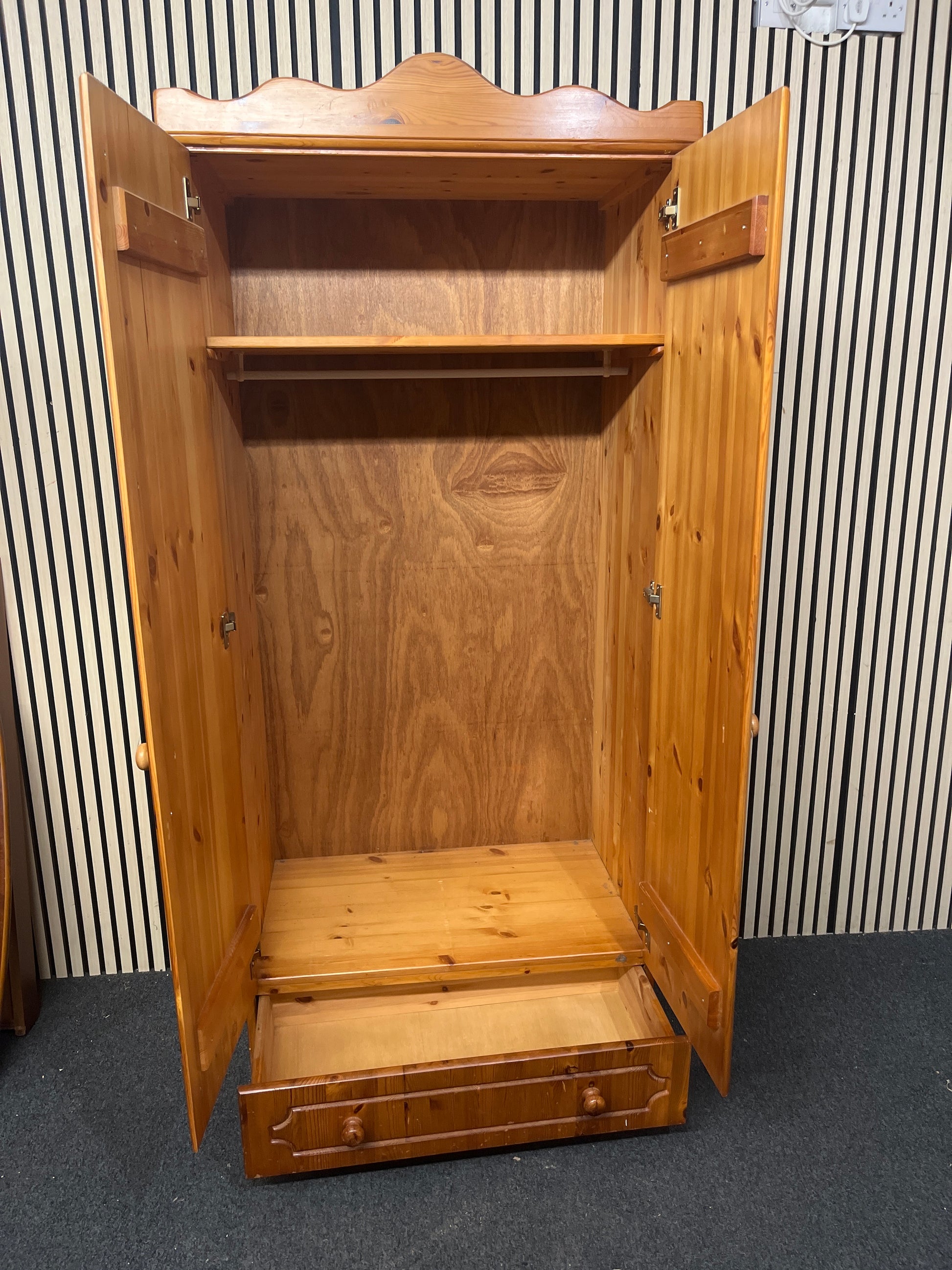 Natural pine tall 2 door 1 drawer wardrobe (H 187 x W 86 x D 51 cm) 43661