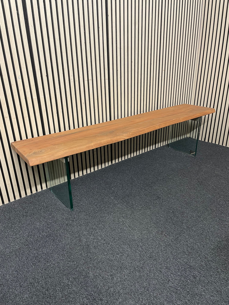 Solid teak stained long bench seat with toughened glass legs 180Lx37Dx42H  44451