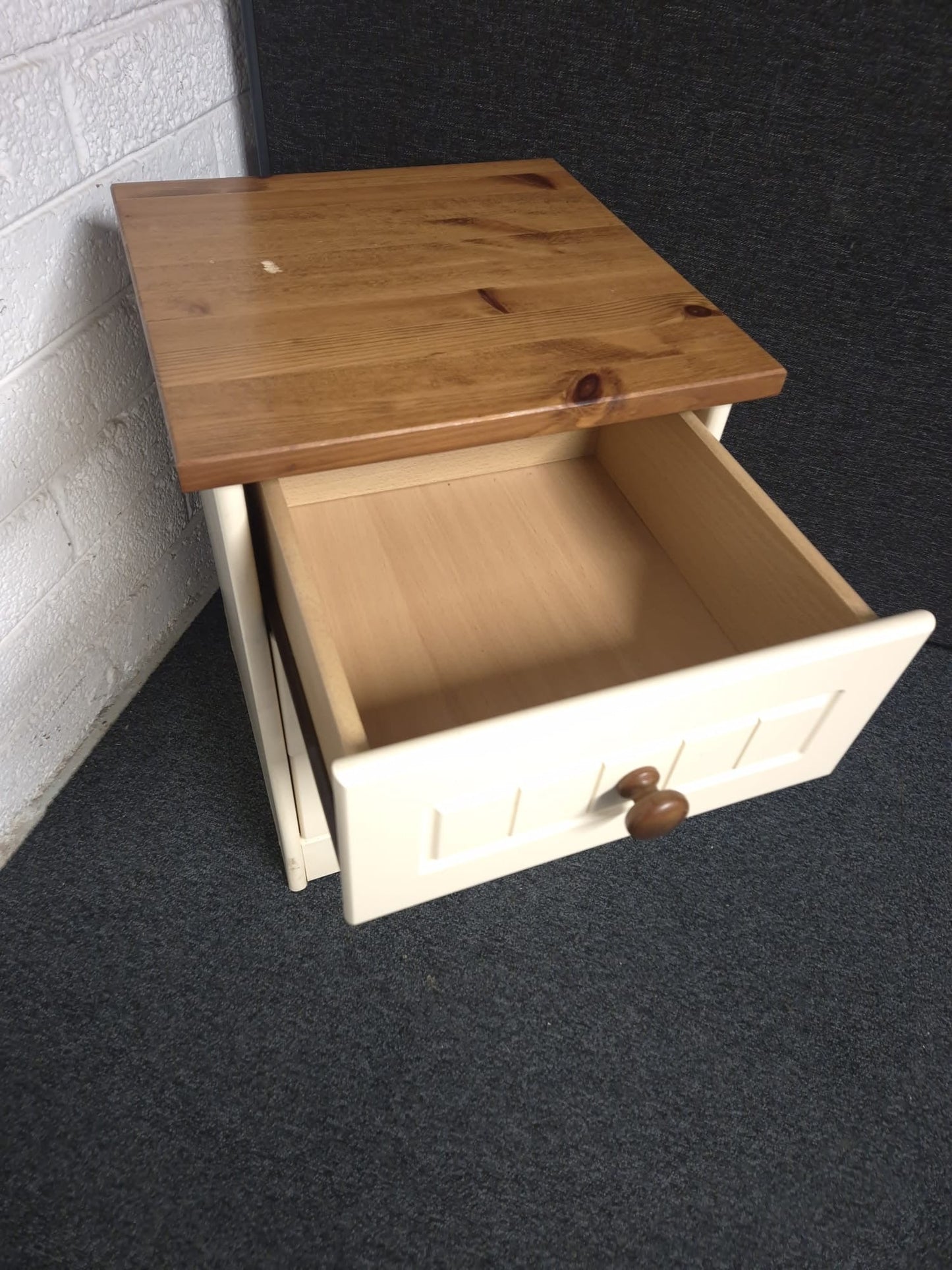 Cream and pine stained  3 drawer bedside locker  1225