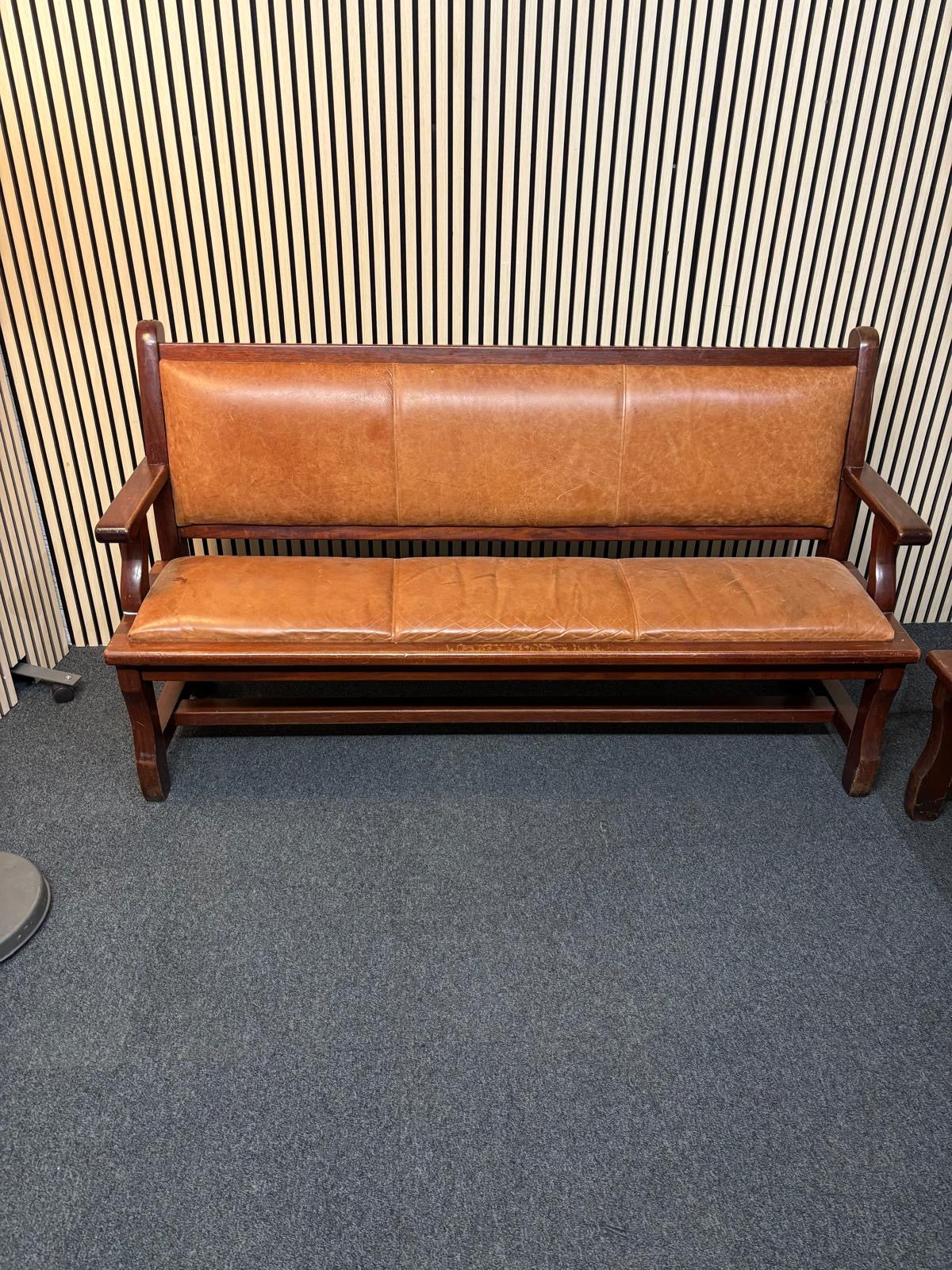 6ft solid beech stained tall bench seating with tan leather seat and back.97Hx183Lx54D 1425
