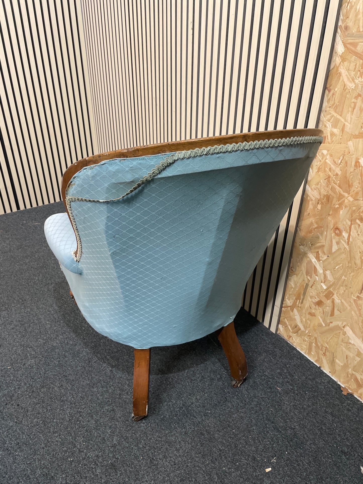 Antique ornate solid dark wood framed spoon back armchair on castors with pastel green fabric (upcycle project) 2425