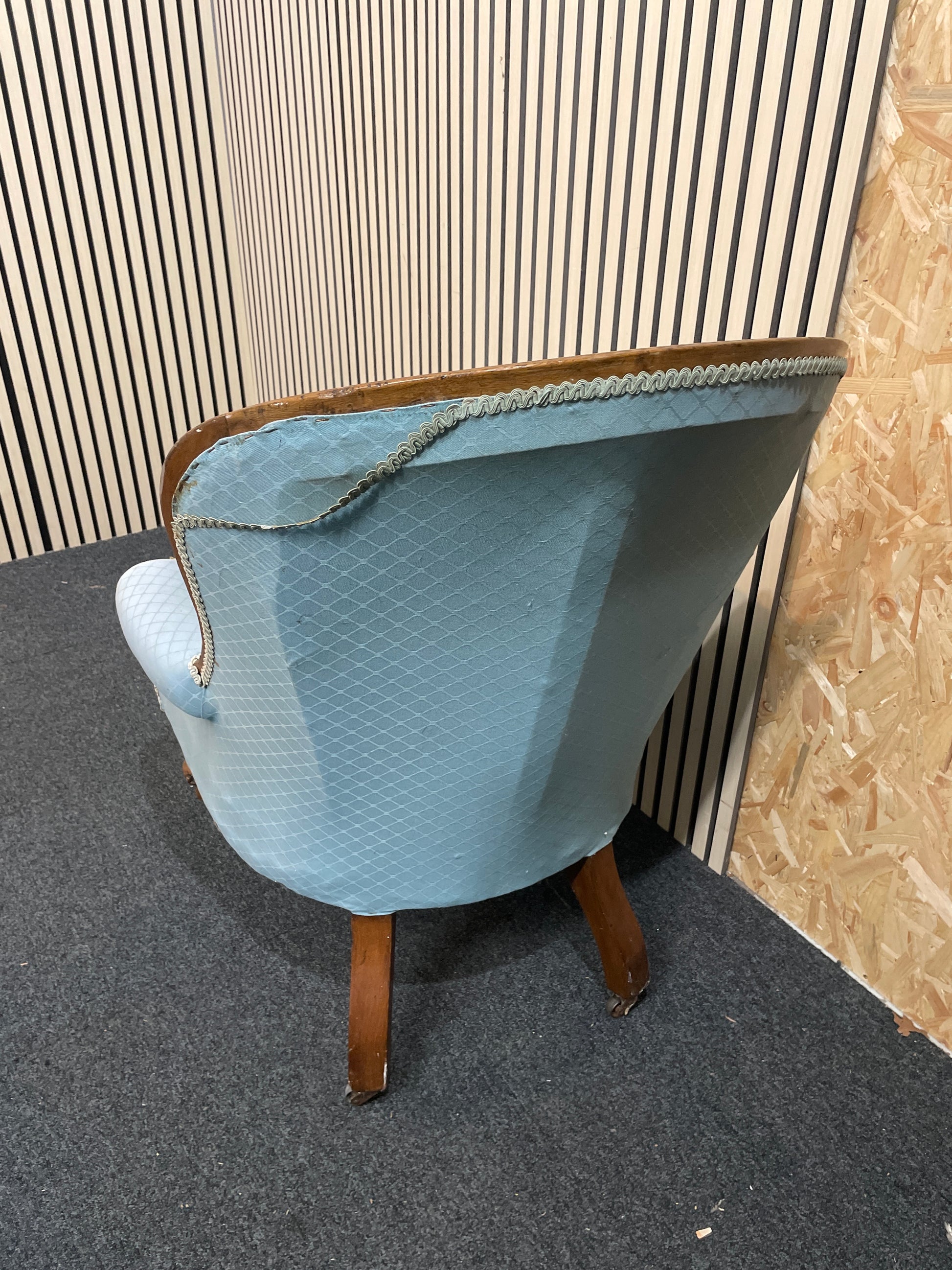 Antique ornate solid dark wood framed spoon back armchair on castors with pastel green fabric (upcycle project) 2425