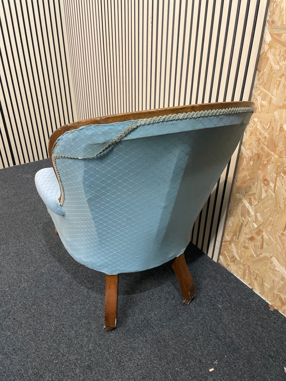 Antique ornate solid dark wood framed spoon back armchair on castors with pastel green fabric (upcycle project) 2425