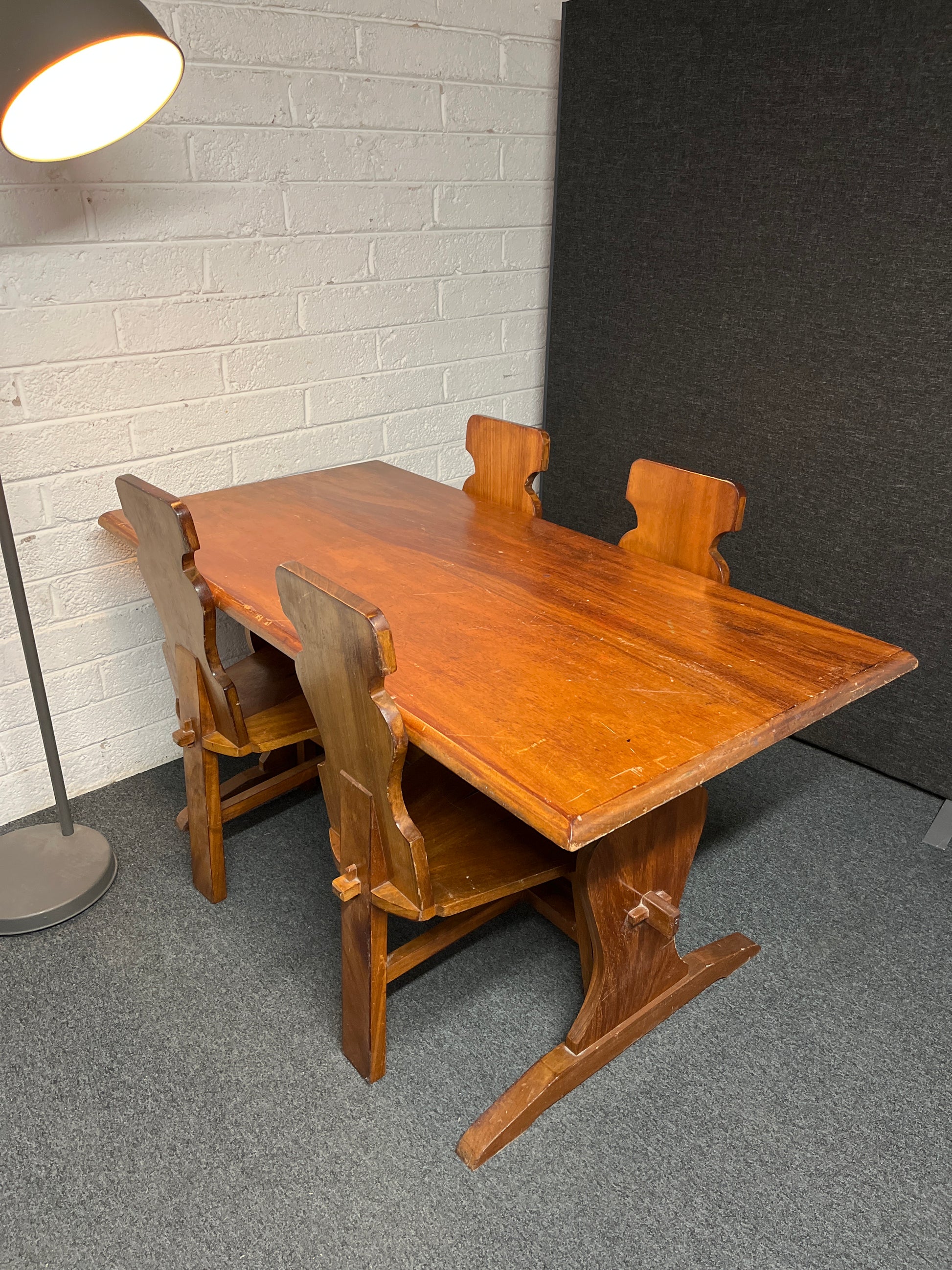 Solid teak rectangular kitchen table (L 150 x W 75 cm)with 4 no. ornate matching chairs 2225