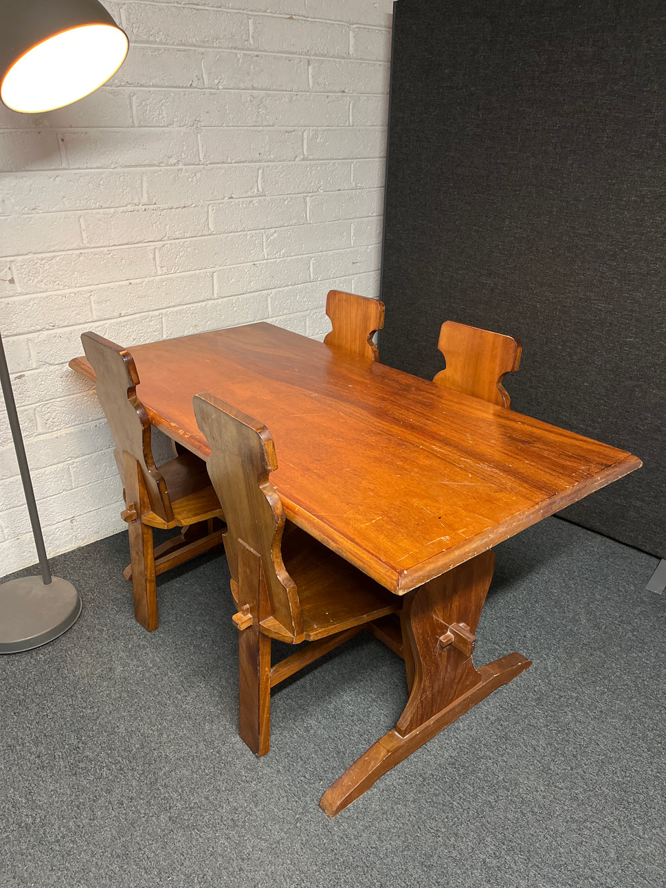 Solid teak rectangular kitchen table (L 150 x W 75 cm)with 4 no. ornate matching chairs 2225