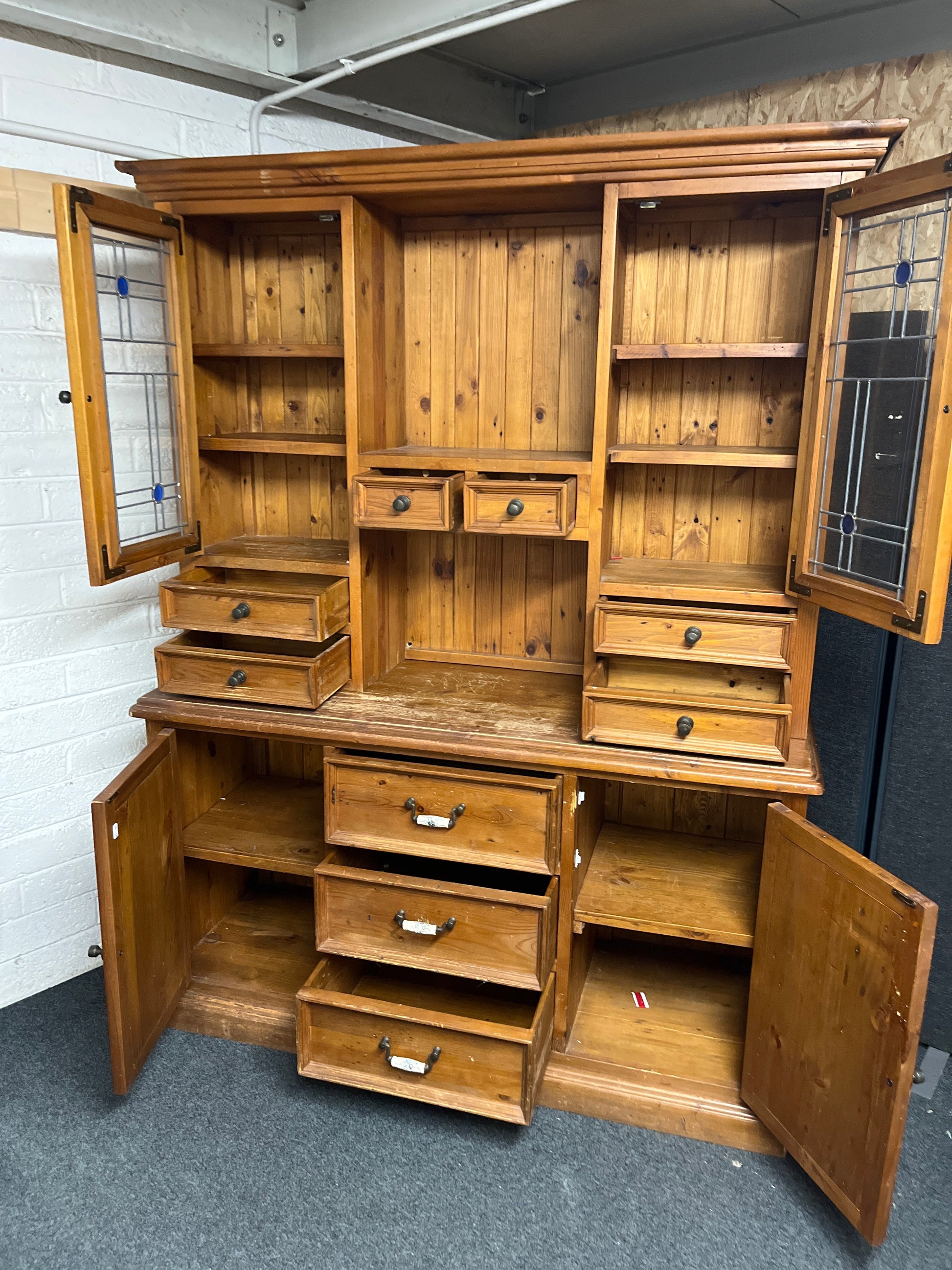 Large solid pine stained 2 glass door kitchen dresser with base storage (H 2120  x W 1660 x D 580 mm) 1225