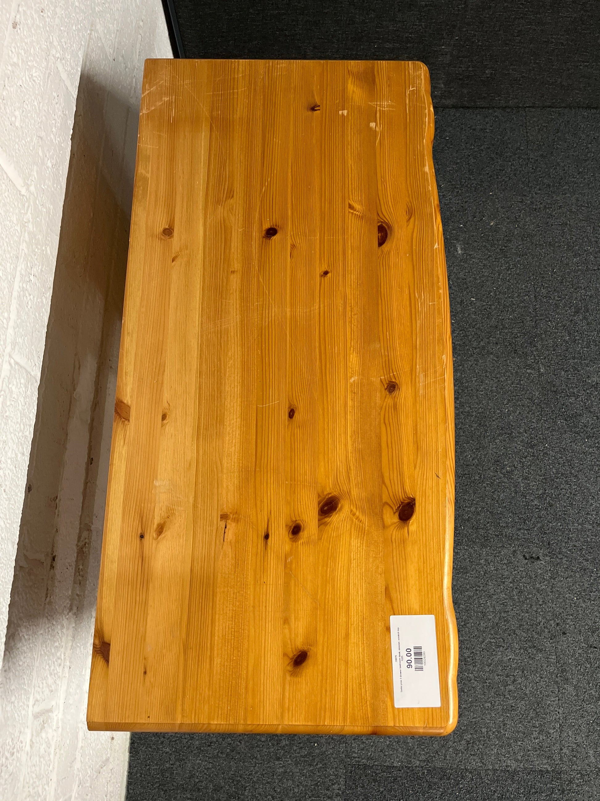 Solid pine 3 drawer bedroom desk, dresser, scratch top  1225