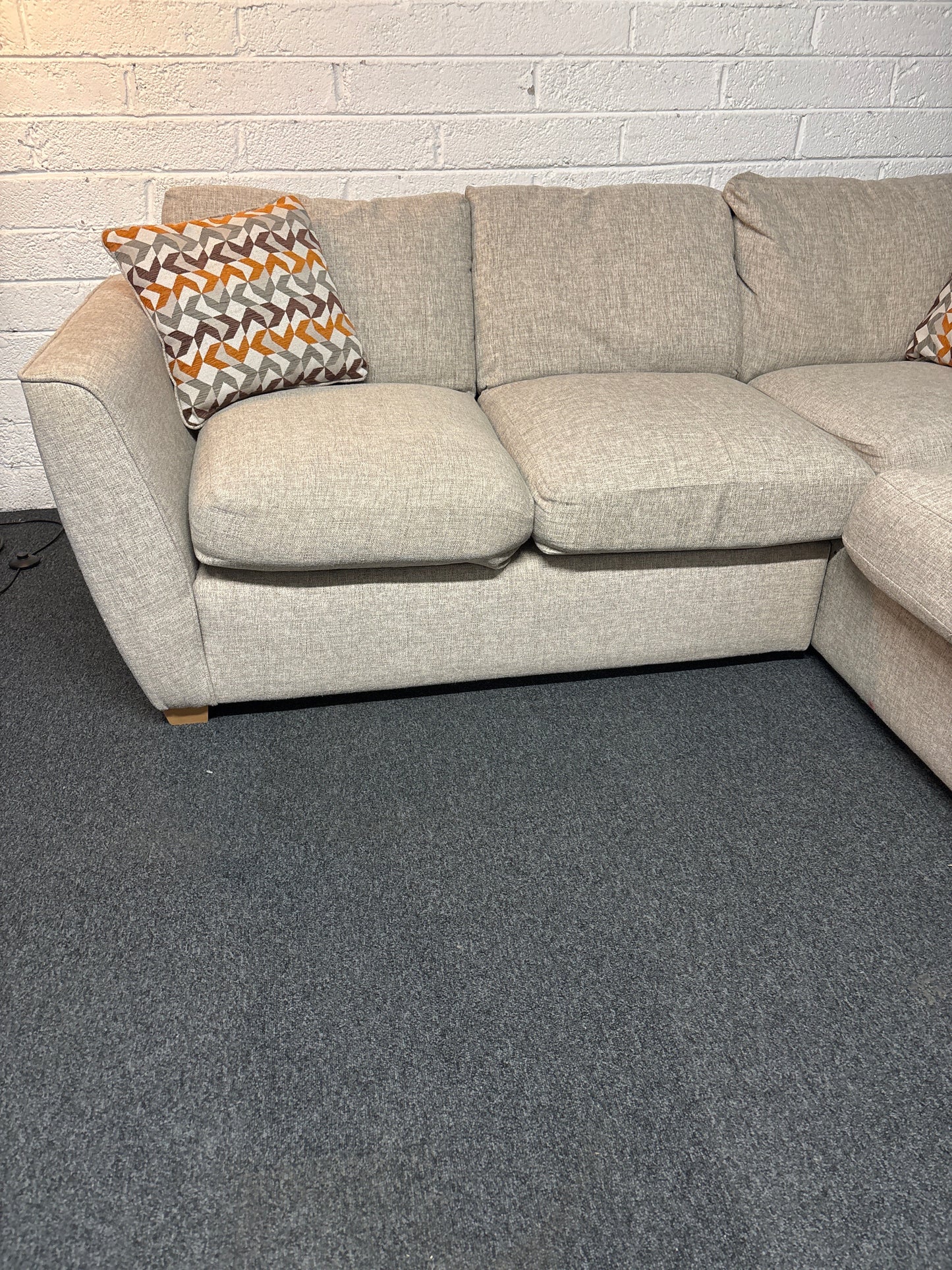 Large sectional oatmeal fabric corner sofa suite 2300L x 930D x 1600L on return section 2225