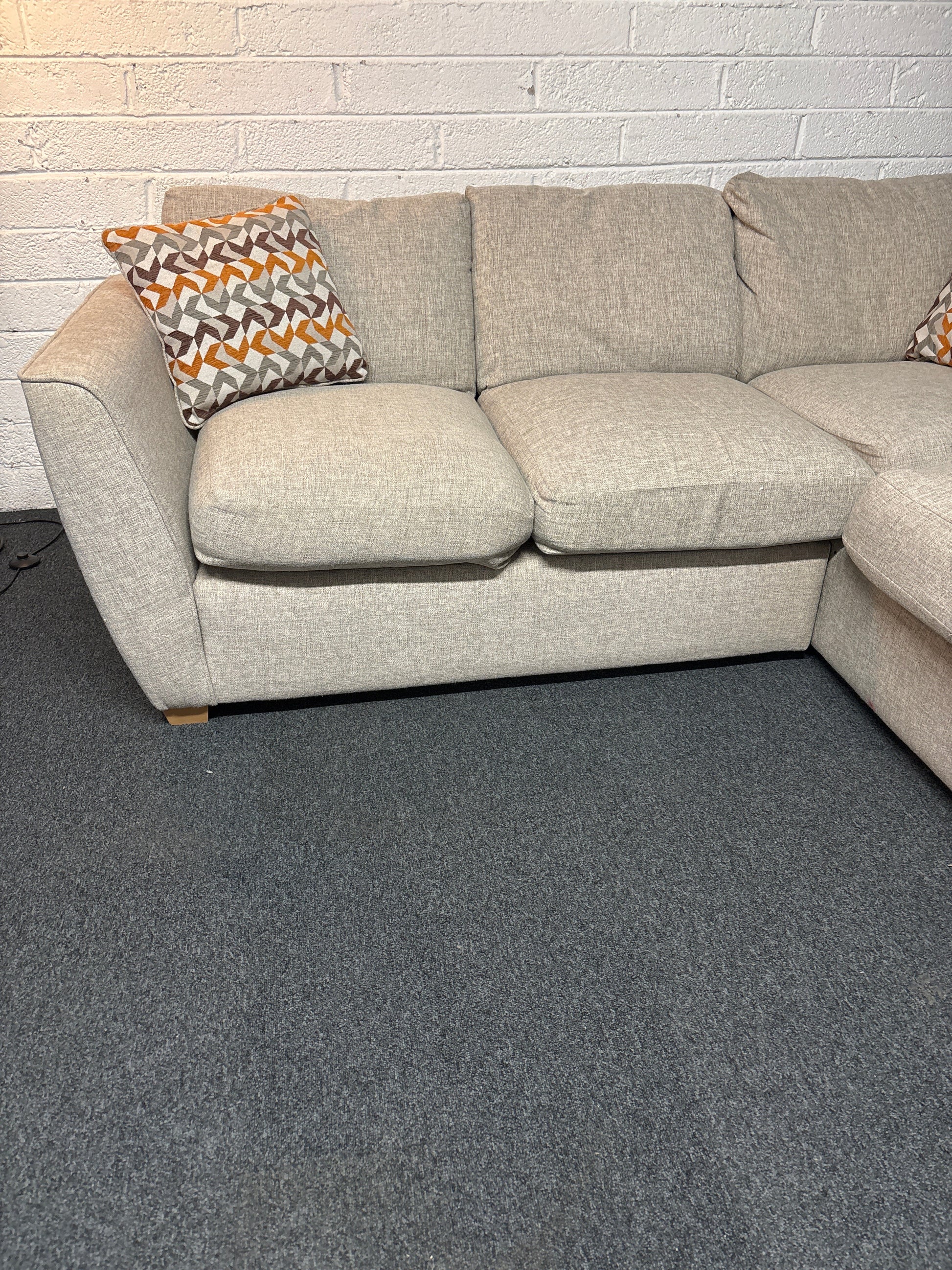 Large sectional oatmeal fabric corner sofa suite 2300L x 930D x 1600L on return section 2225