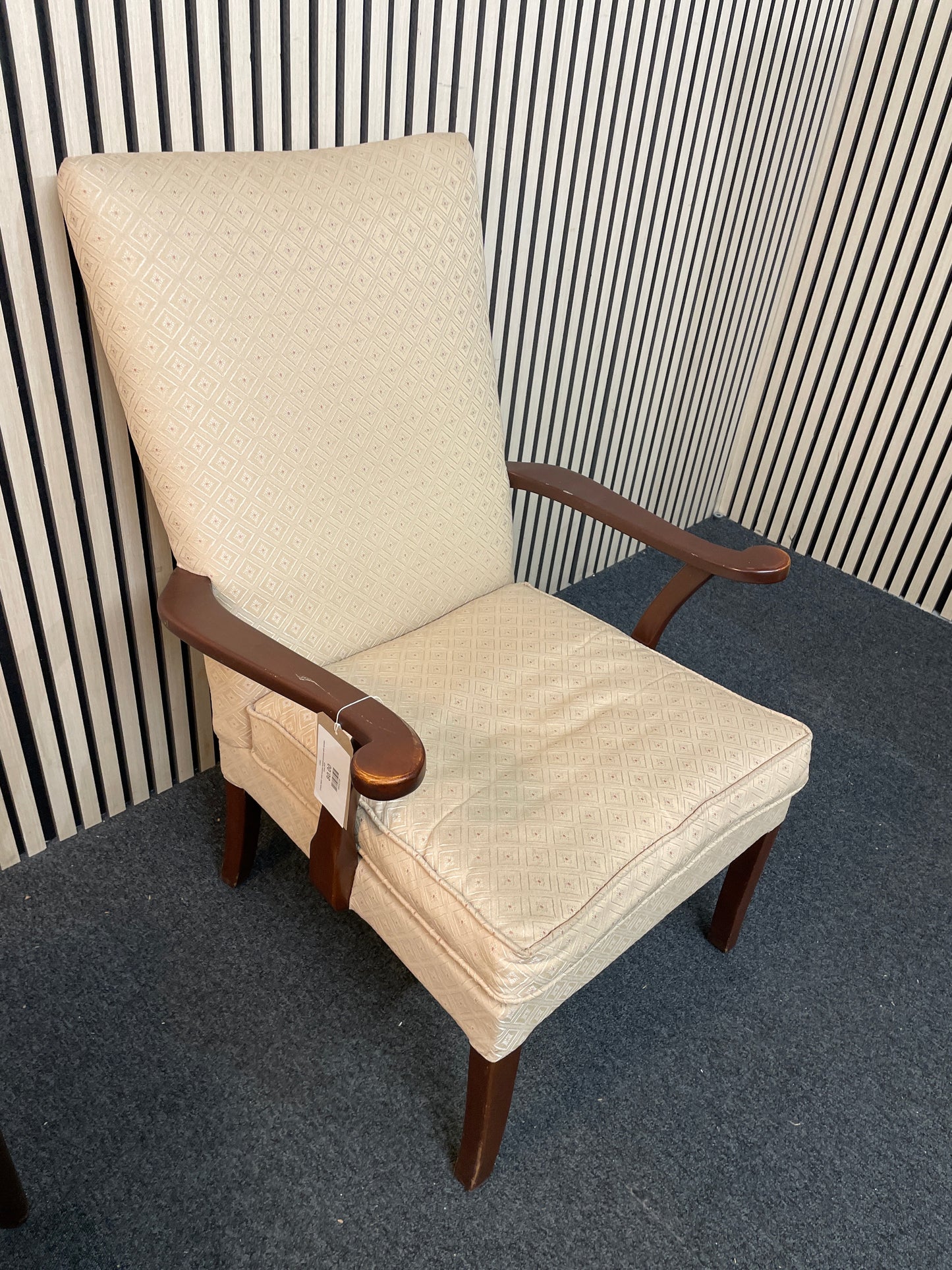 Cream fabric solid wooden framed armchair with wooden arms 2425