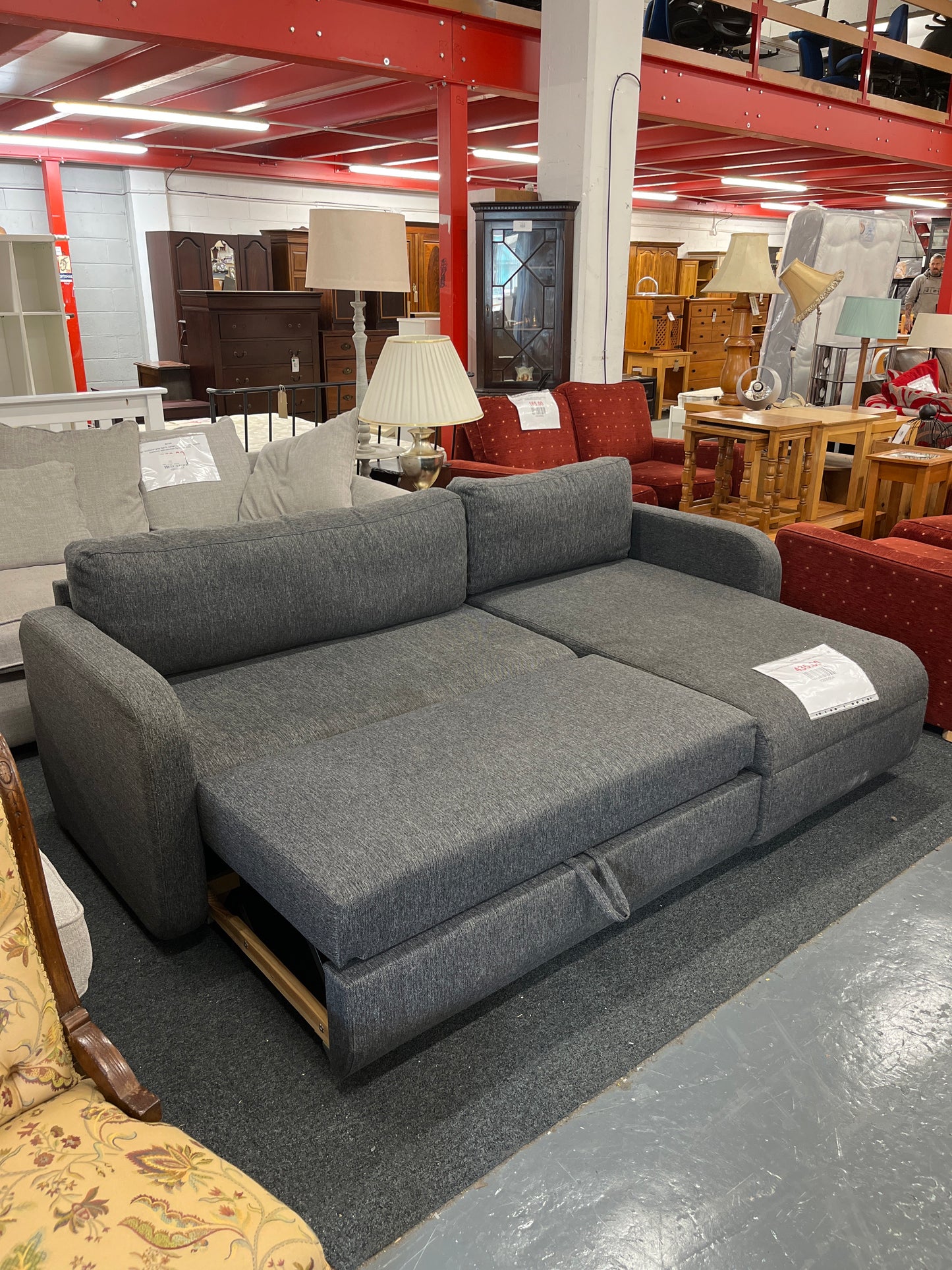 Large 3 seater charcoal fabric sofa bed with return 3225