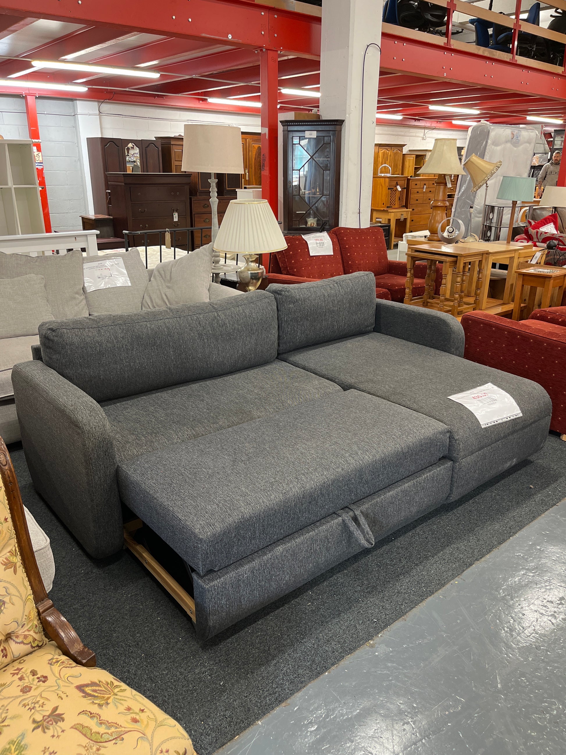 Large 3 seater charcoal fabric sofa bed with return 3225