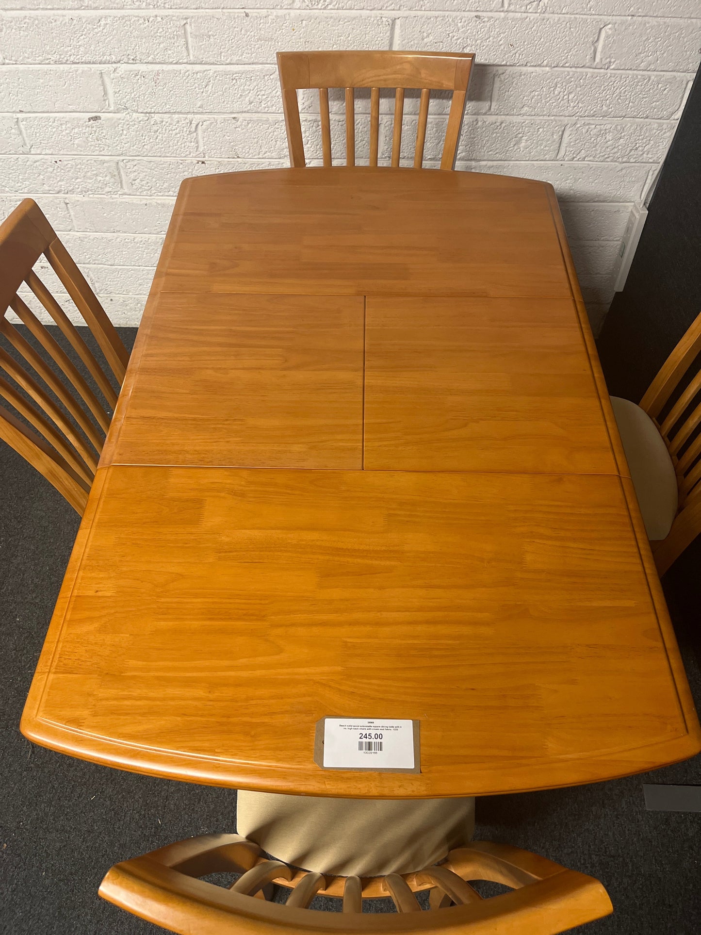 Beech solid wood extendable square dining table with 4 no. high back chairs with cream seat fabric  1225