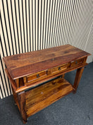 Switch Large solid dark wood stained 3 drawer console table with base shelf 1325p 3 image