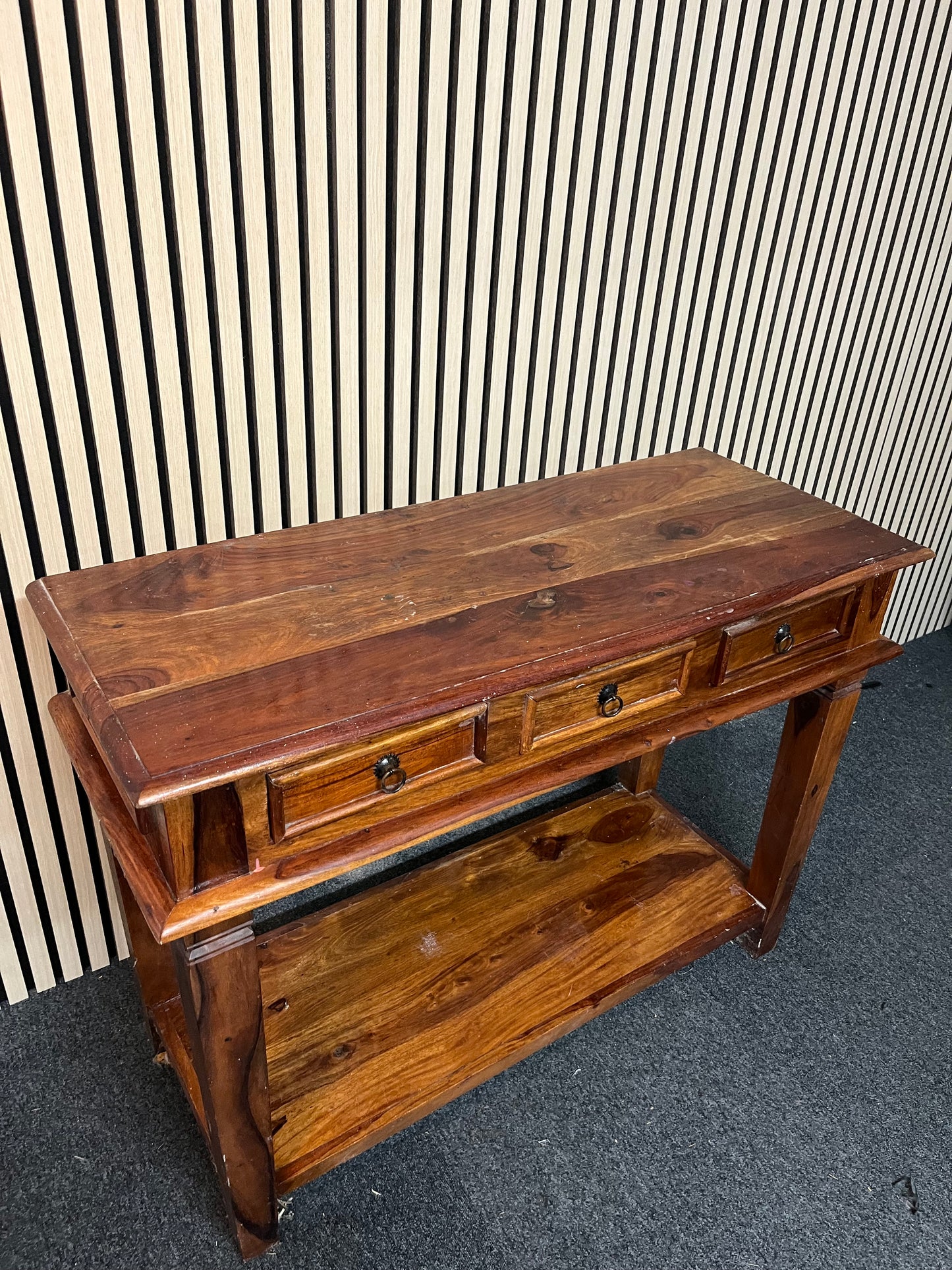 Large solid dark wood stained 3 drawer console table with base shelf 1325p