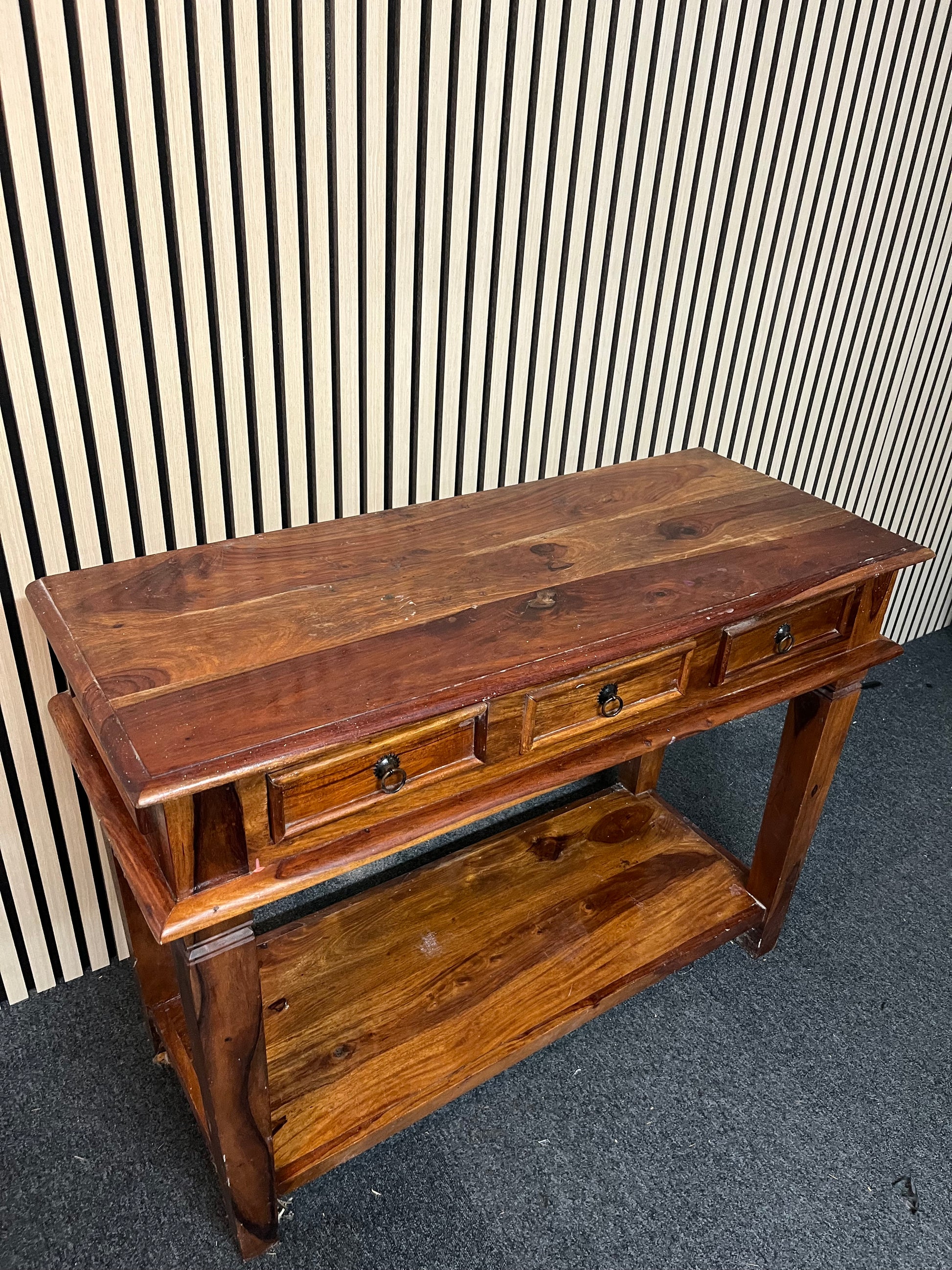 Large solid dark wood stained 3 drawer console table with base shelf 1325p