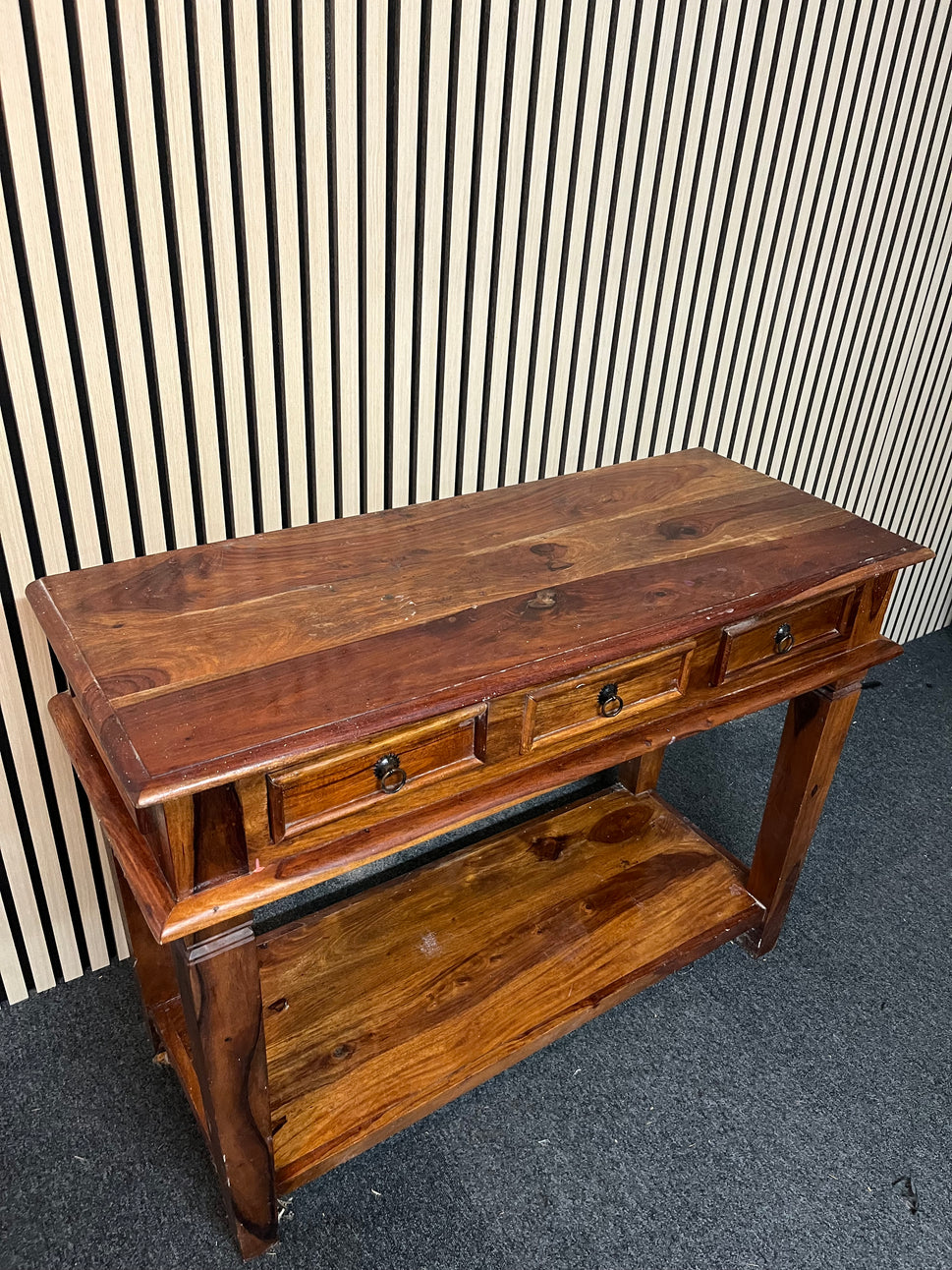 Large solid dark wood stained 3 drawer console table with base shelf 1325p