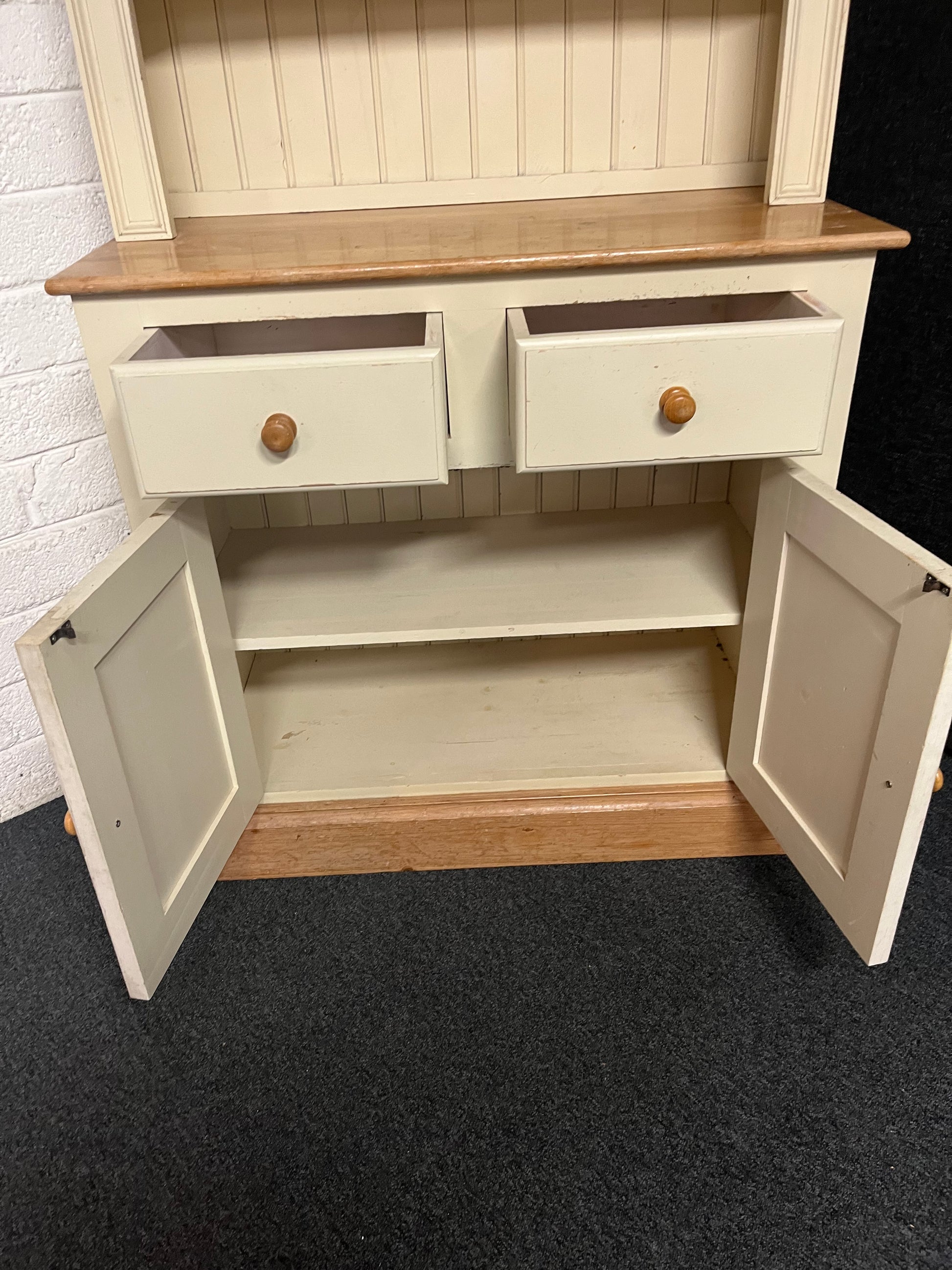 Tall cream painted and solid pine 2 door 2 drawer dresser with top open shelving  (H 200 x W 98 x 43 cm) 2225
