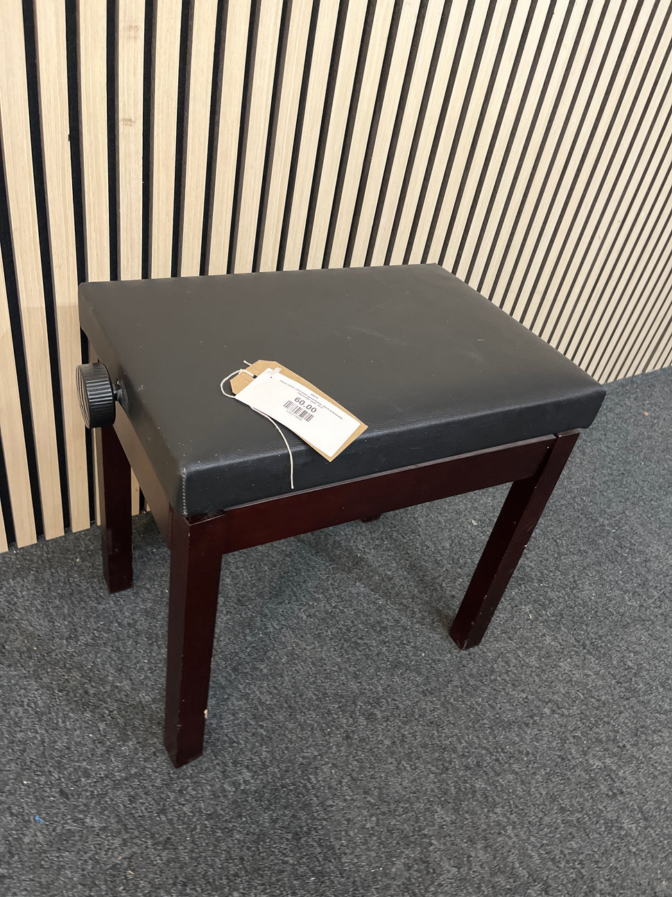 Piano stool, solid dark wood frame, black leatherette adjustable seat  1425
