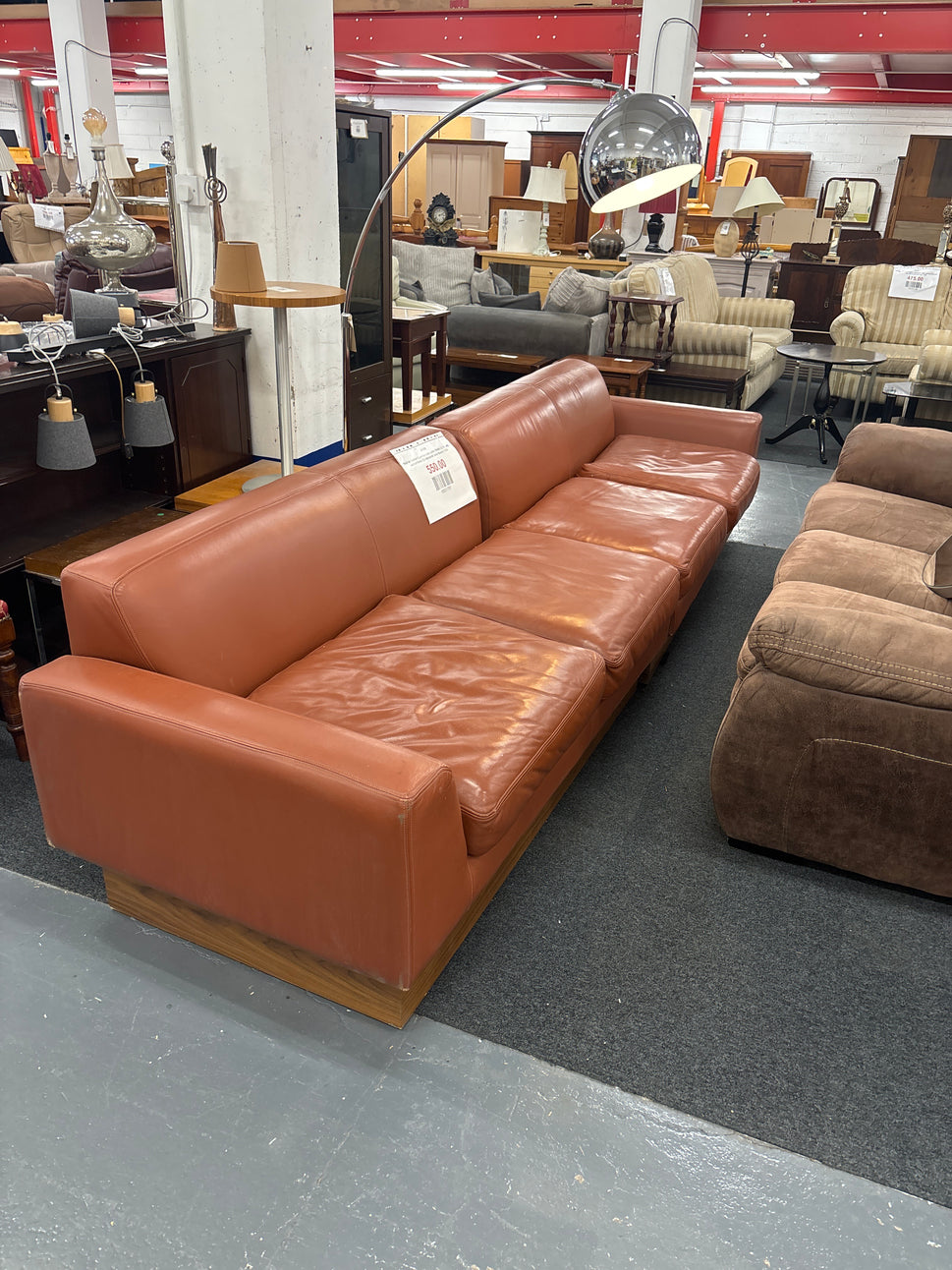Real tan leather 5 person sofa suite (Width 2.7 M) with chrome legs (Ex-Windmill lane Studio) 3325
