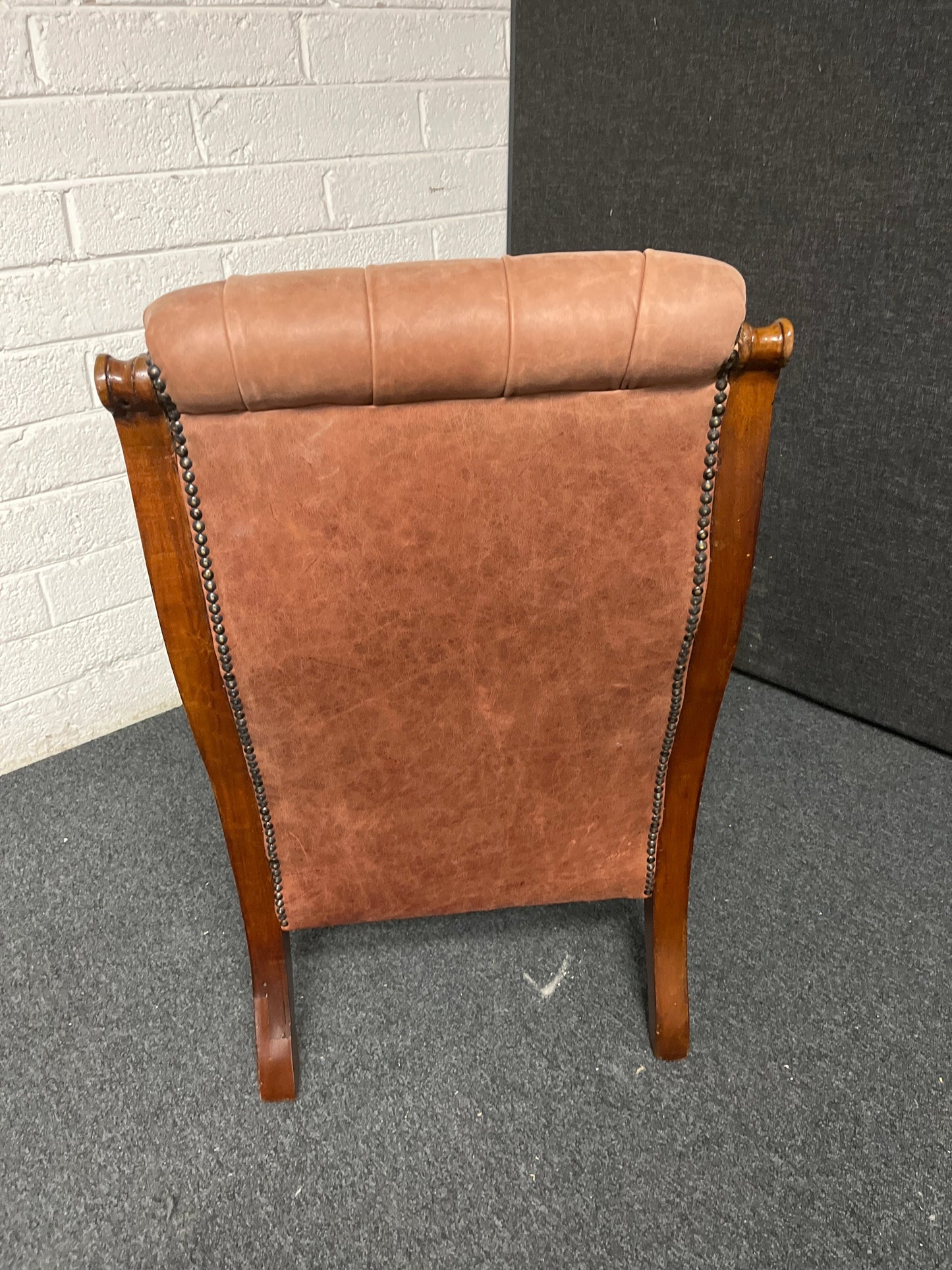 Ornate button back brown leather antique frame occasional chair  1225