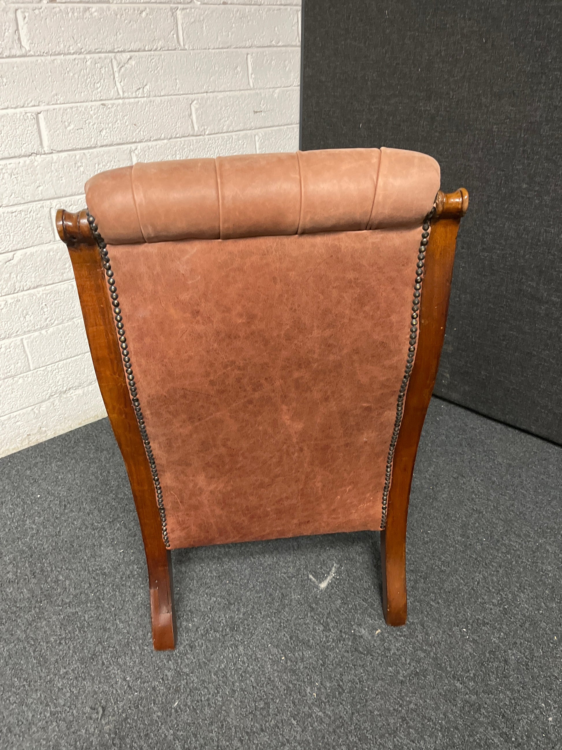 Ornate button back brown leather antique frame occasional chair  1225
