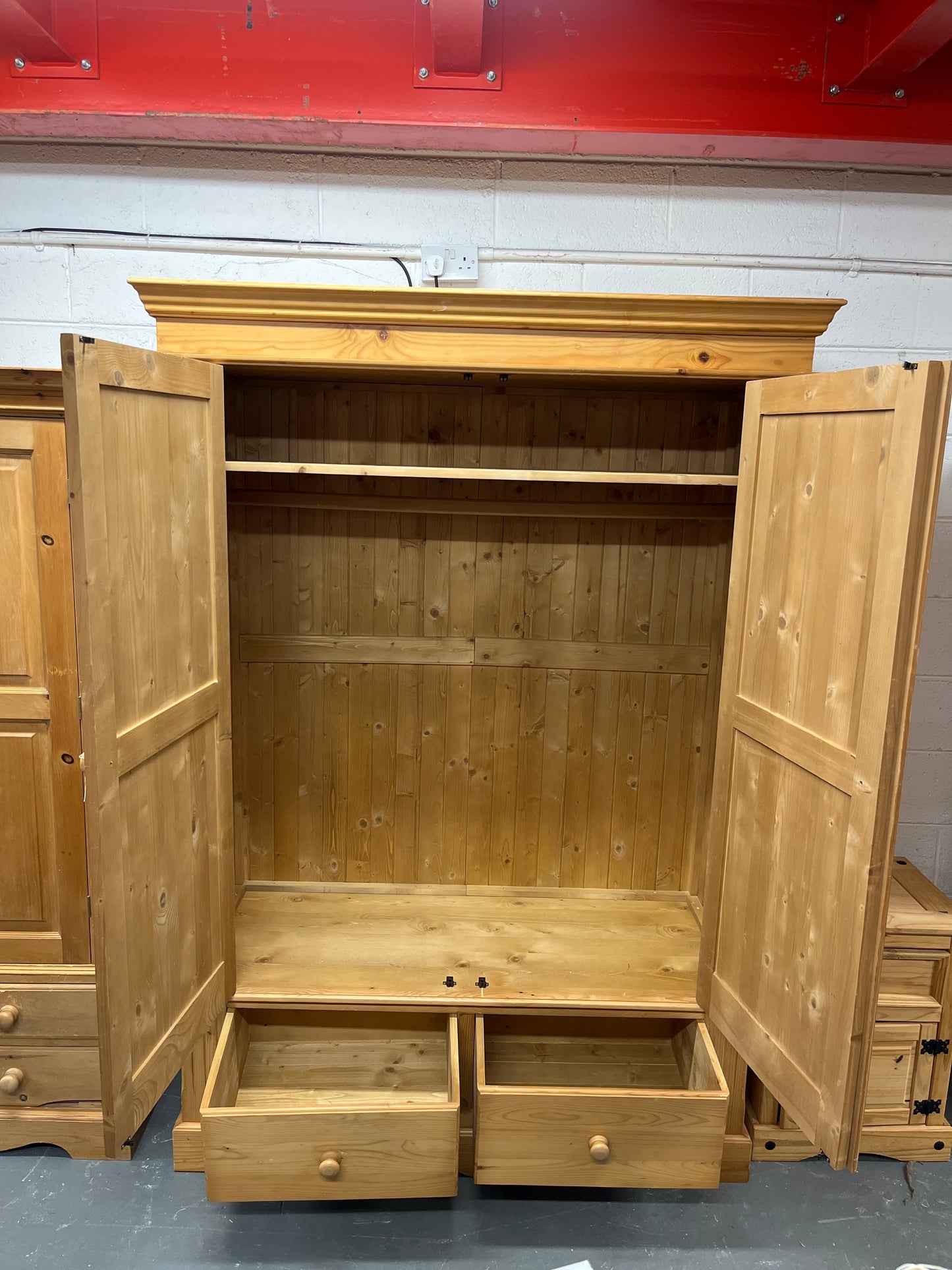 Large 2 door 2 drawer pitch pine wardrobe (H 205 x W 145 x D 59 cm) 2225