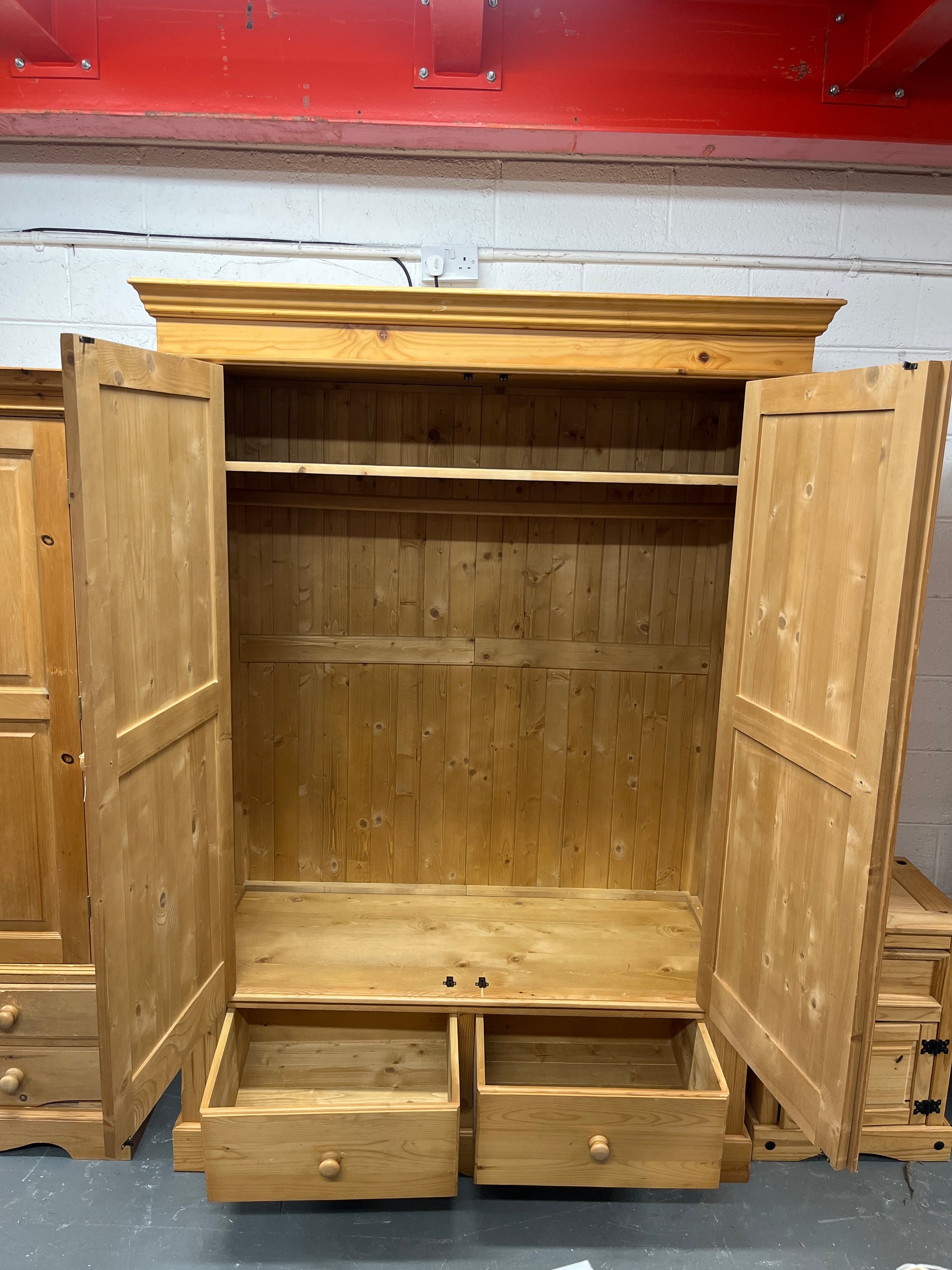 Large 2 door 2 drawer pitch pine wardrobe (H 205 x W 145 x D 59 cm) 2225