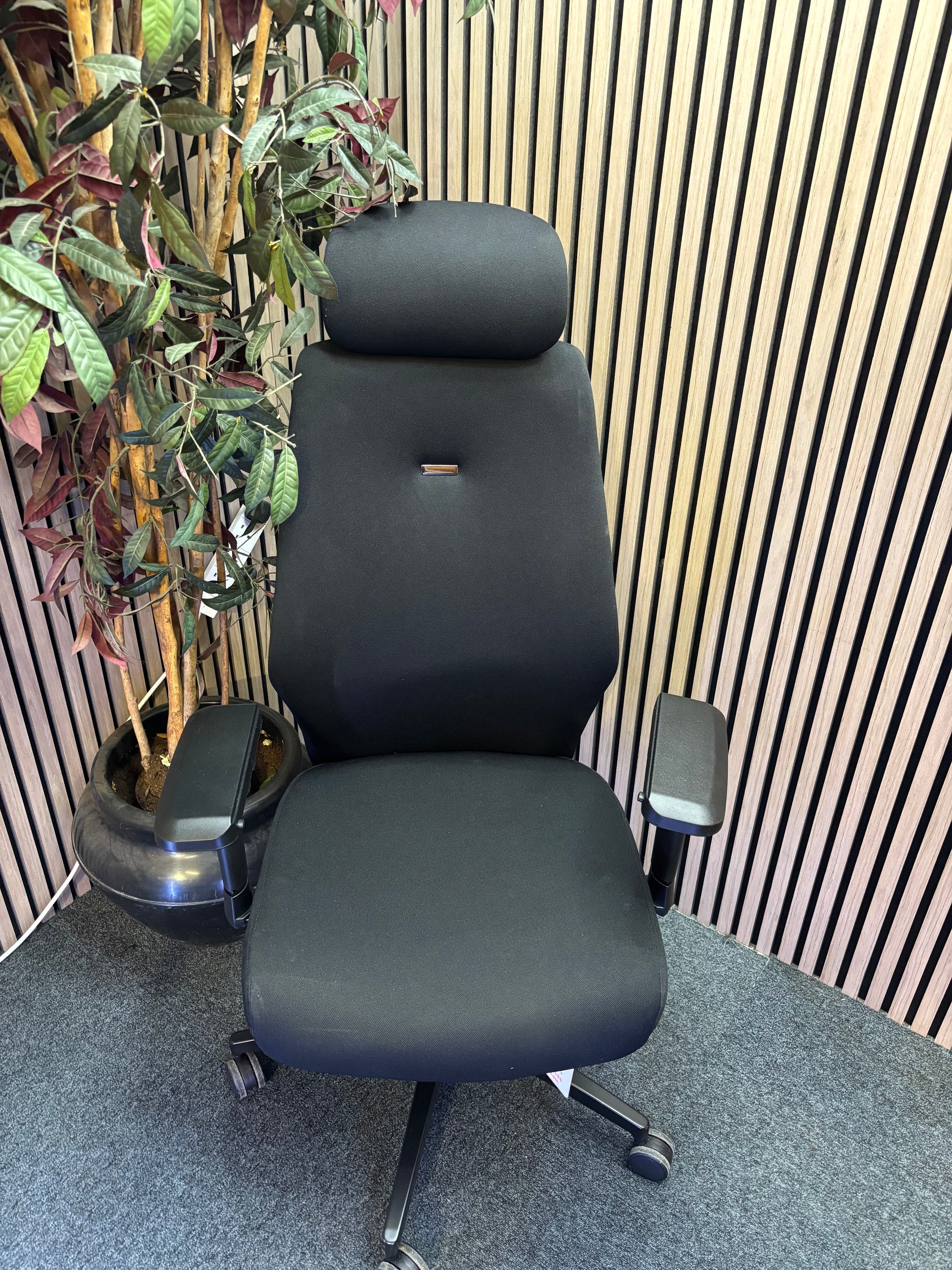 Hatha high back posture task chair with black fabric seat and back, headrest & adjustable arms