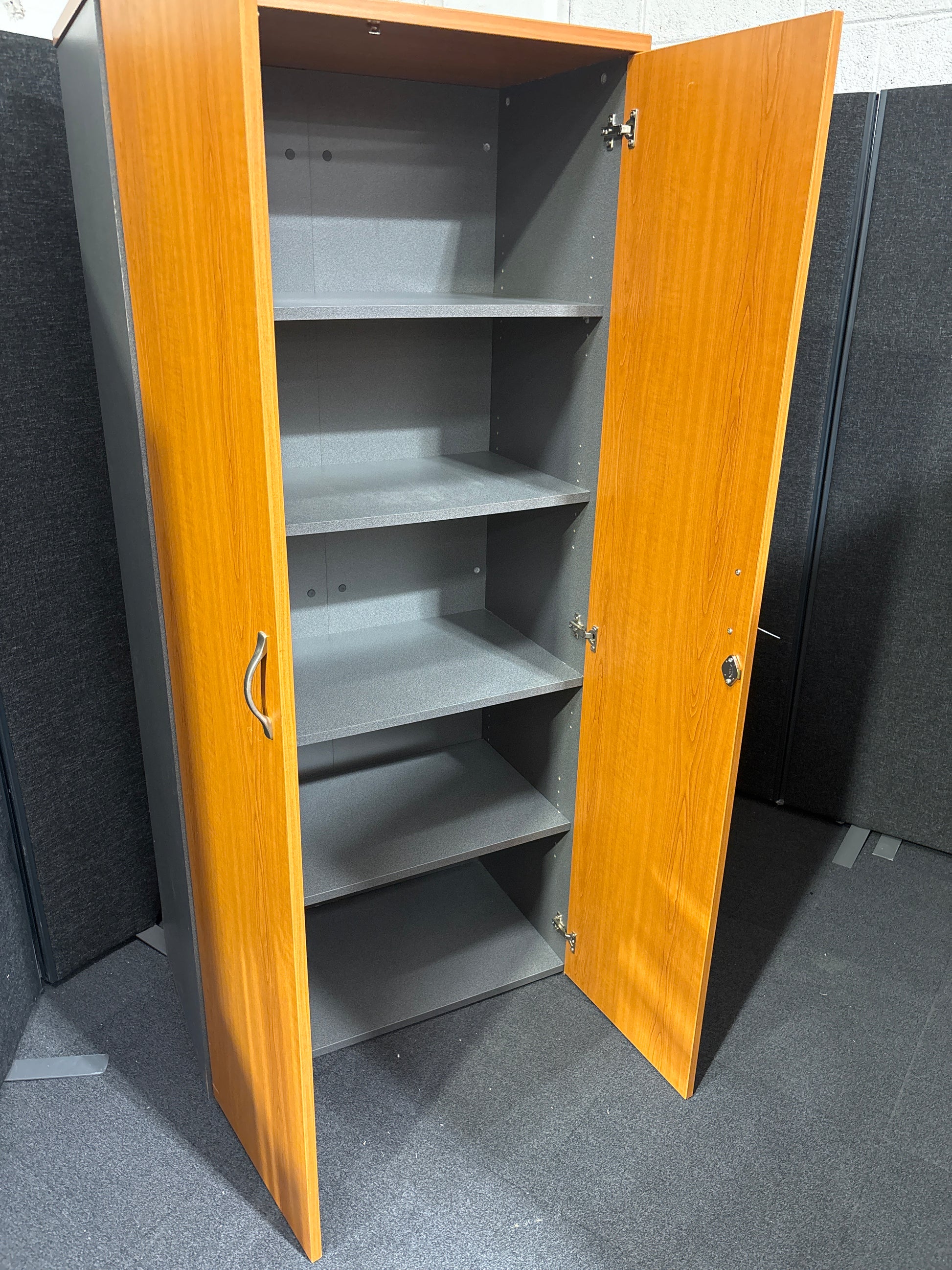 Tall 2 door cherry and grey laminate storage unit with internal shelves (H 175 x W 80 x D 45 cm) 1325