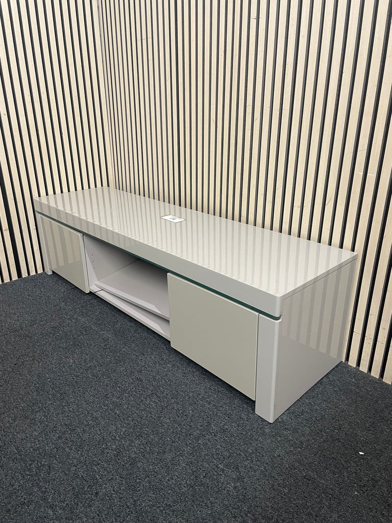 Modern grey gloss TV unit with glass top and shelving, height  41 cm, width 150 cm, depth 55 cm  44705