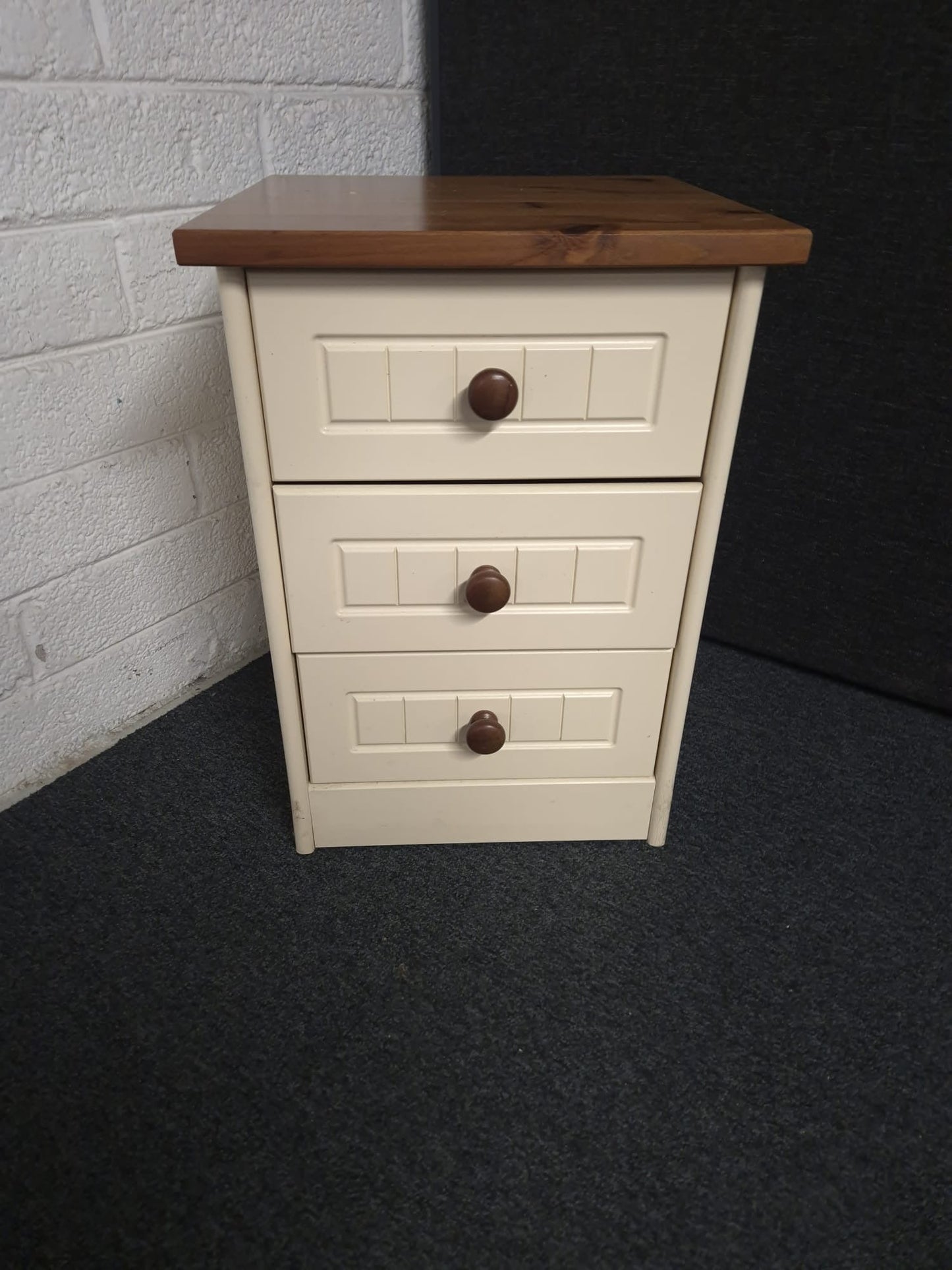 Cream and pine stained  3 drawer bedside locker  1225
