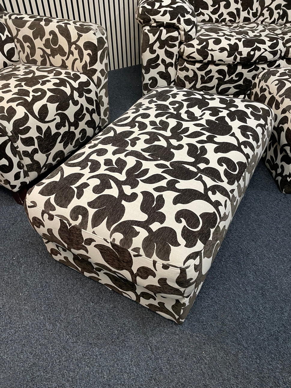 2 seater brown and cream floral fabric sofa (Width 160 cm) with matching armchair and ottomons  4225