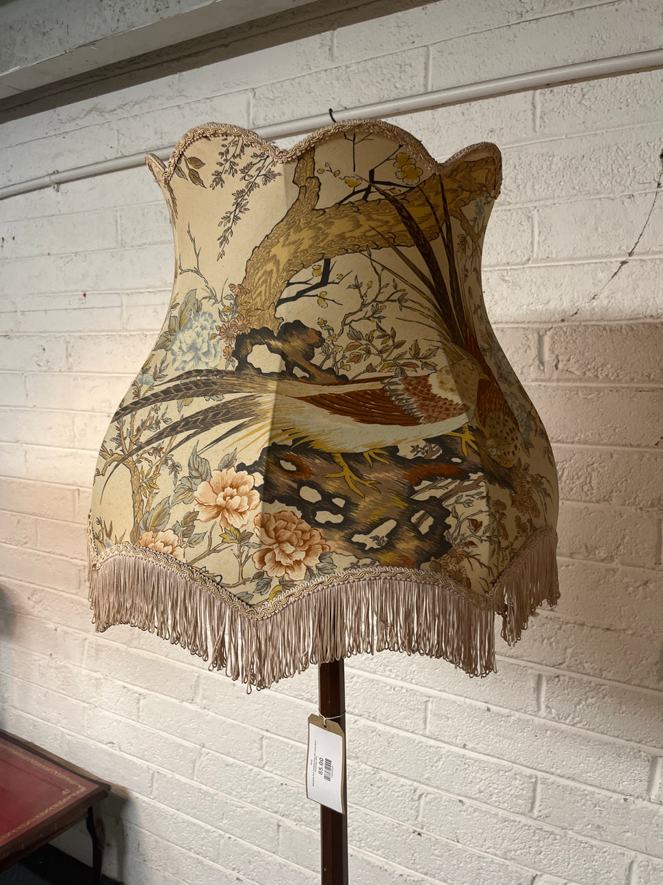 Mahogany floor standing lamp with ornate floral lampshade 3225