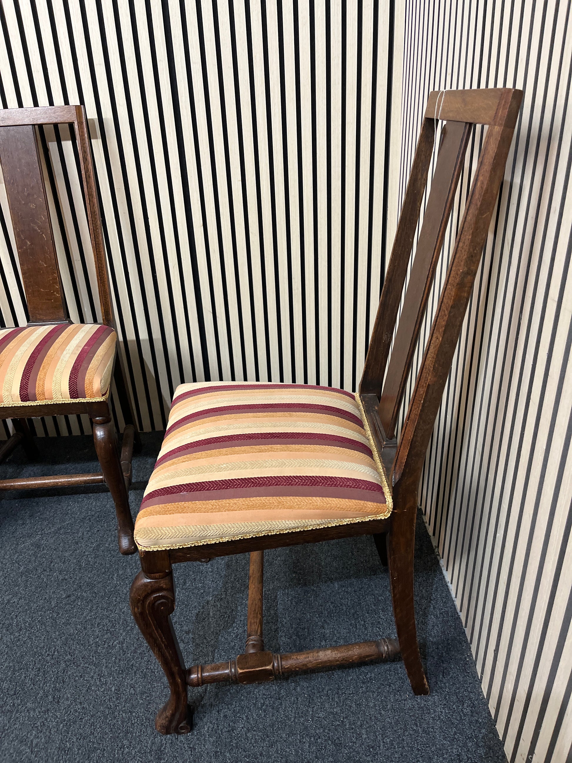 Oak stained high back stripe fabric dining chair. Set of 4 no.  3126