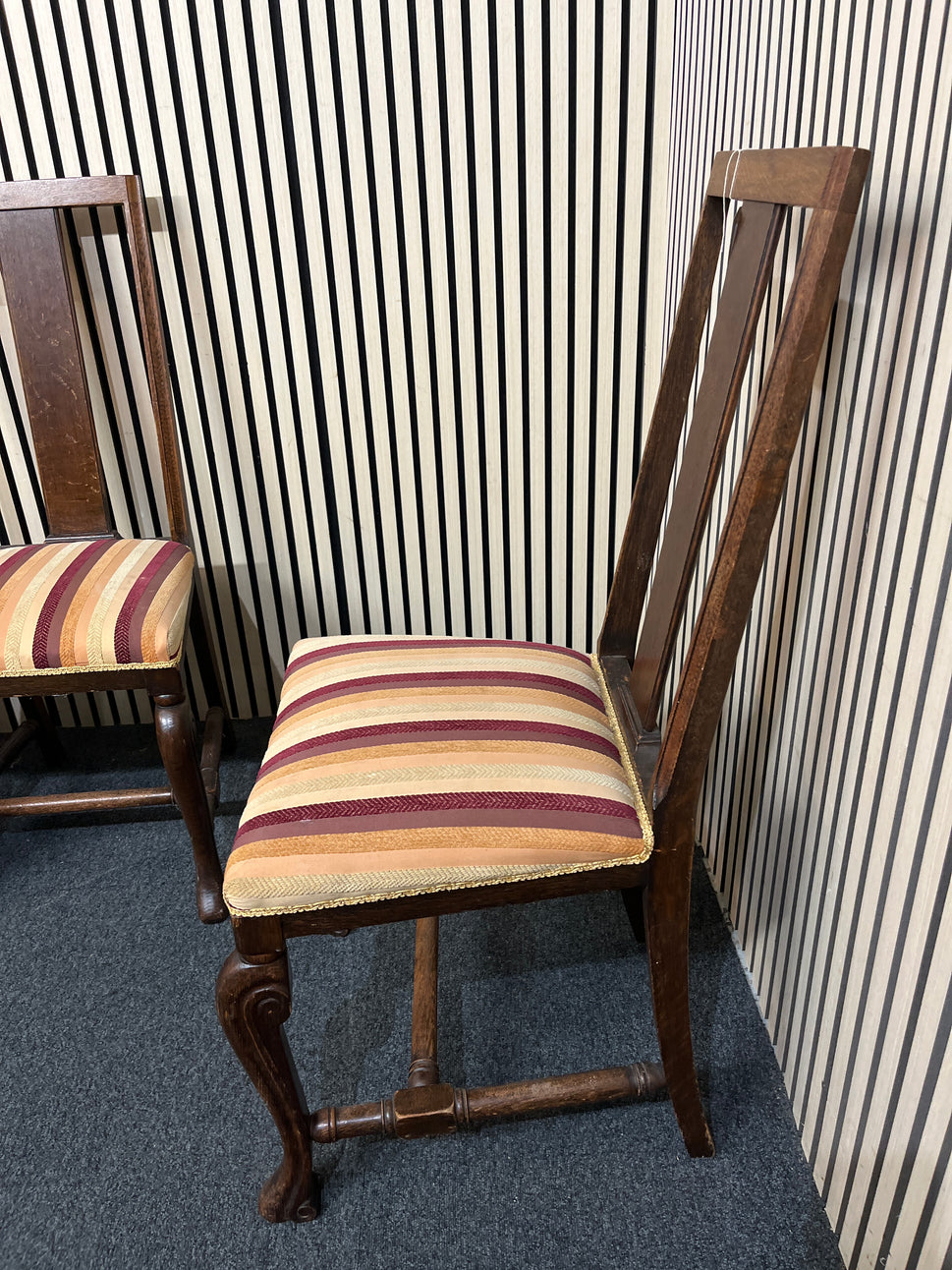 Oak stained high back stripe fabric dining chair. Set of 4 no.  3126