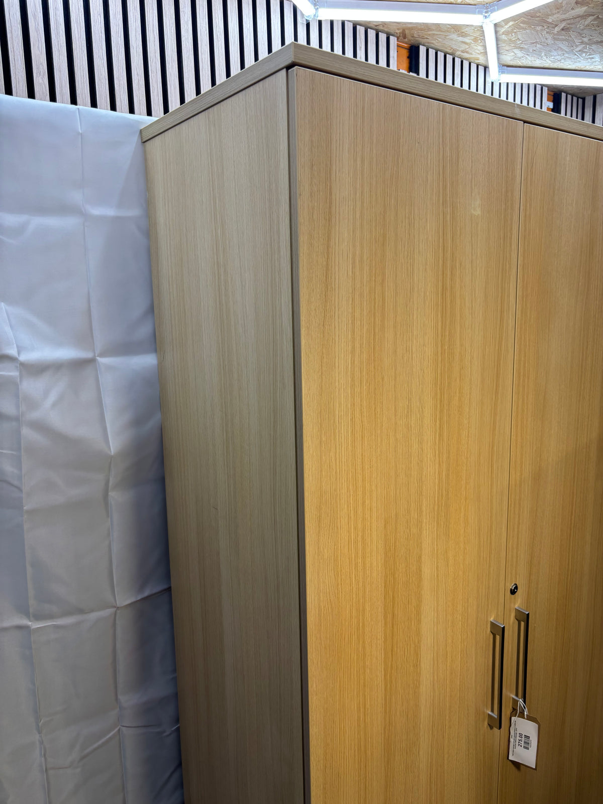 Tall 2 door storage unit with internal shelves in white oak laminate 200Hx100Wx50D  J3914