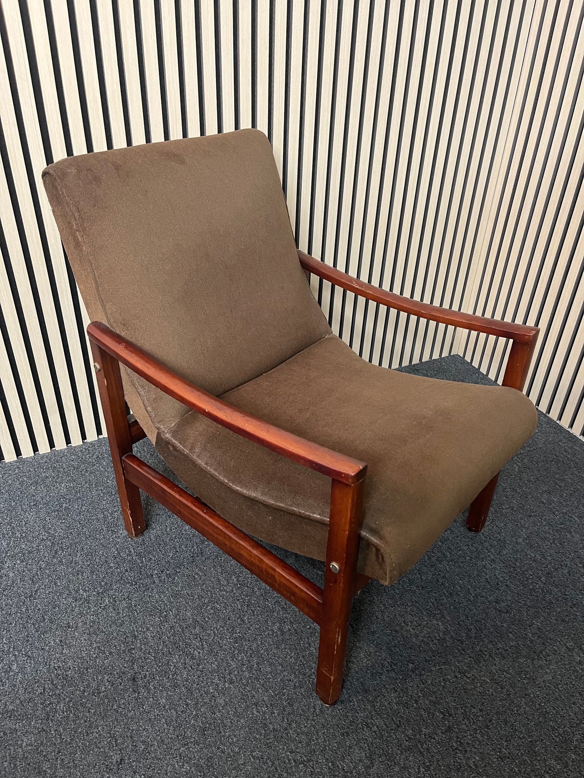 Solid teak stained armchairs, dark brown fabric 2325